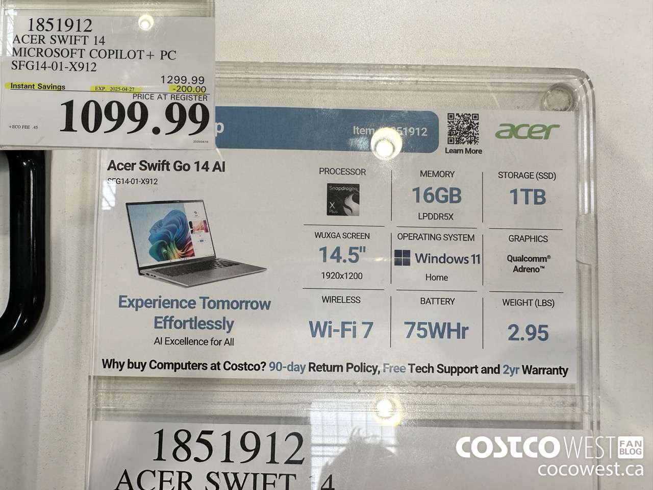 1851912 ACER SWIFT 14 MICROSOFT COPILOT + PC SFG14-01-X912 ($200.00 INSTANT SAVINGS EXPIRES ON 2025-04-27) $1099.99