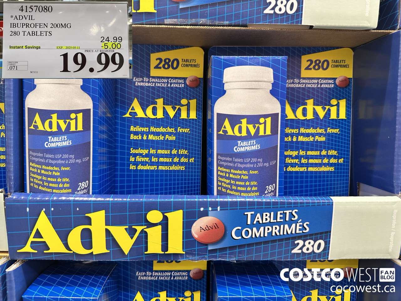 4157080 ADVIL 280 TABLETS IBUPROFEN 200MG ($5.00 INSTANT SAVINGS EXPIRES ON 2025-05-11) $19.99