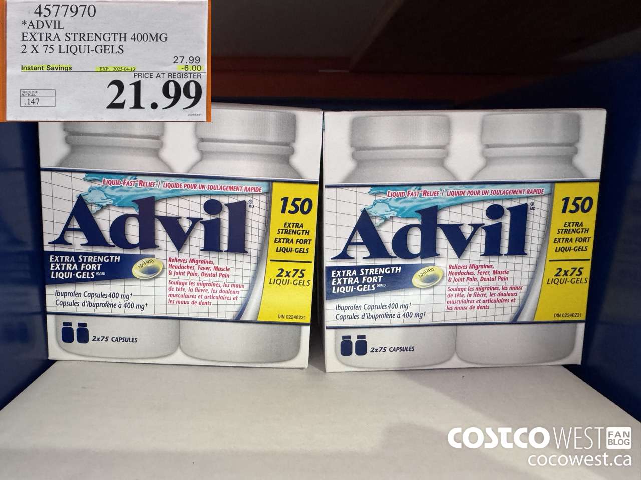 4577970 ADVIL EXTRA STRENGTH 400MG 2 X 75 LIQUI-GELS ($6.00 INSTANT SAVINGS EXPIRES ON 2025-04-13) $21.99
