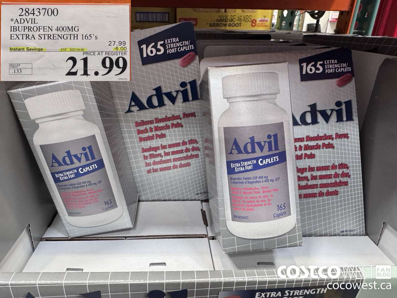 2843700 ADVIL IBUPROFEN 400MG EXTRA STRENGTH 165'S ($6.00 INSTANT SAVINGS EXPIRES ON 2025-04-06) $21.99