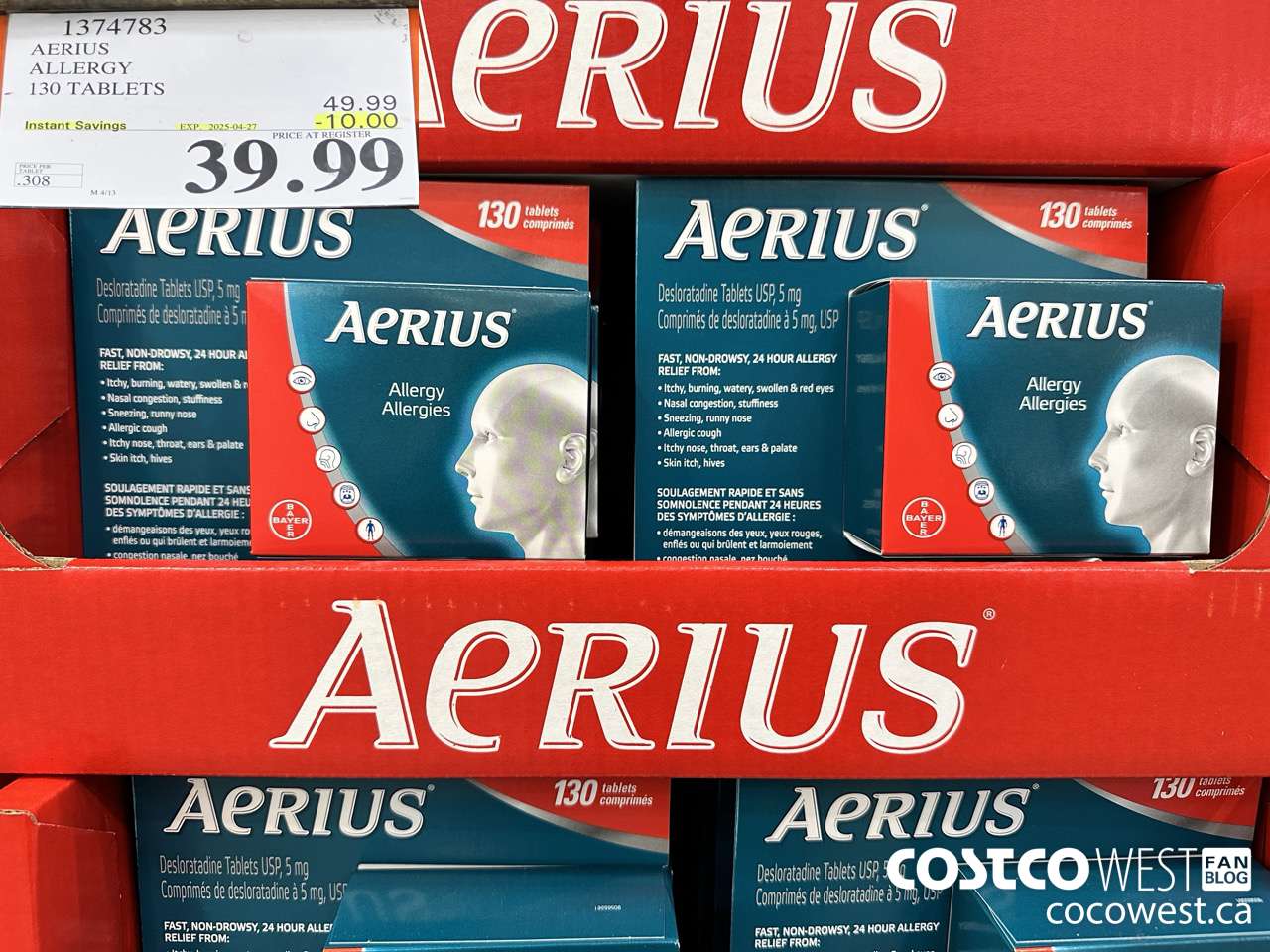 1374783 AERIUS ALLERGY 130 TABLETS ($10.00 INSTANT SAVINGS EXPIRES ON 2025-04-27) $39.99