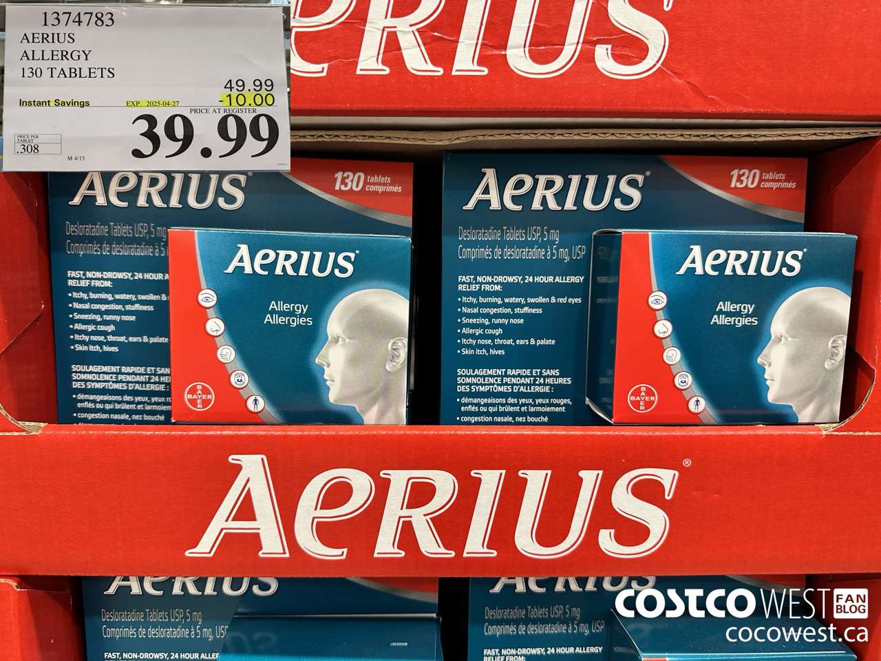 1374783 AERIUS ALLERGY 130 TABLETS ($10.00 INSTANT SAVINGS EXPIRES ON 2025-04-27) $39.99