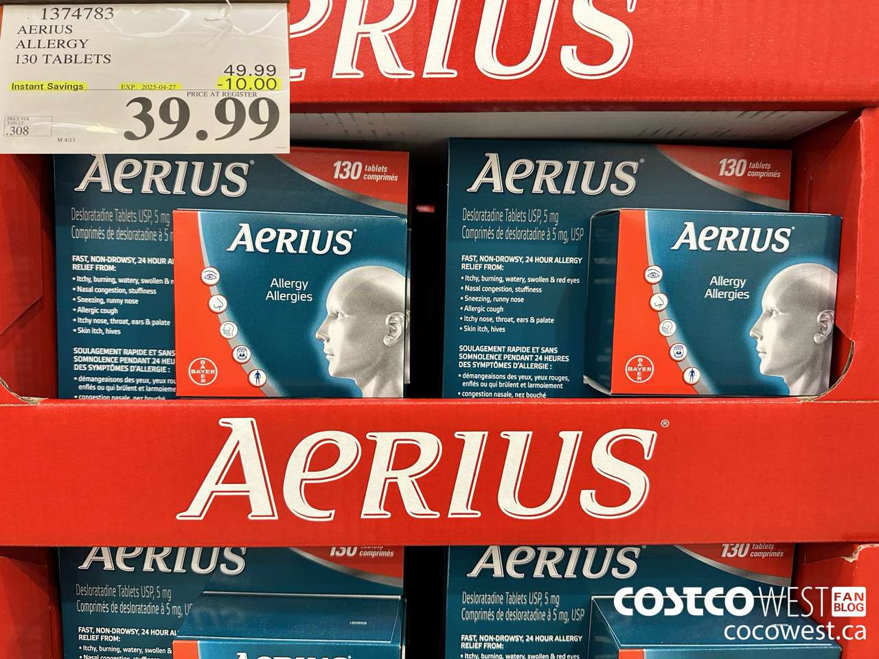 1374783 AERIUS ALLERGY 130 TABLETS ($10.00 INSTANT SAVINGS EXPIRES ON 2025-04-27) $39.99