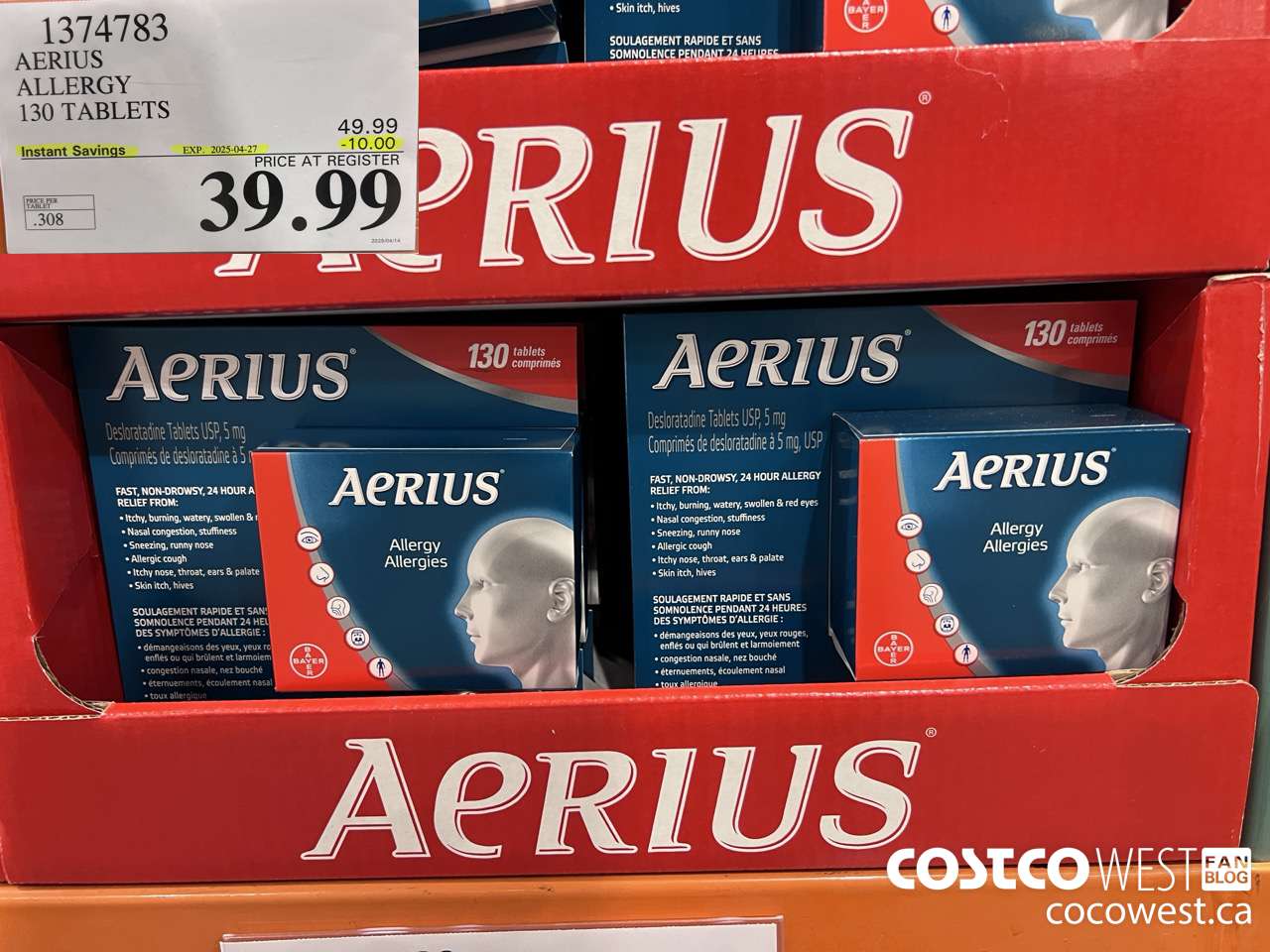 1374783 AERIUS ALLERGY 130 TABLETS ($10.00 INSTANT SAVINGS EXPIRES ON 2025-04-27) $39.99