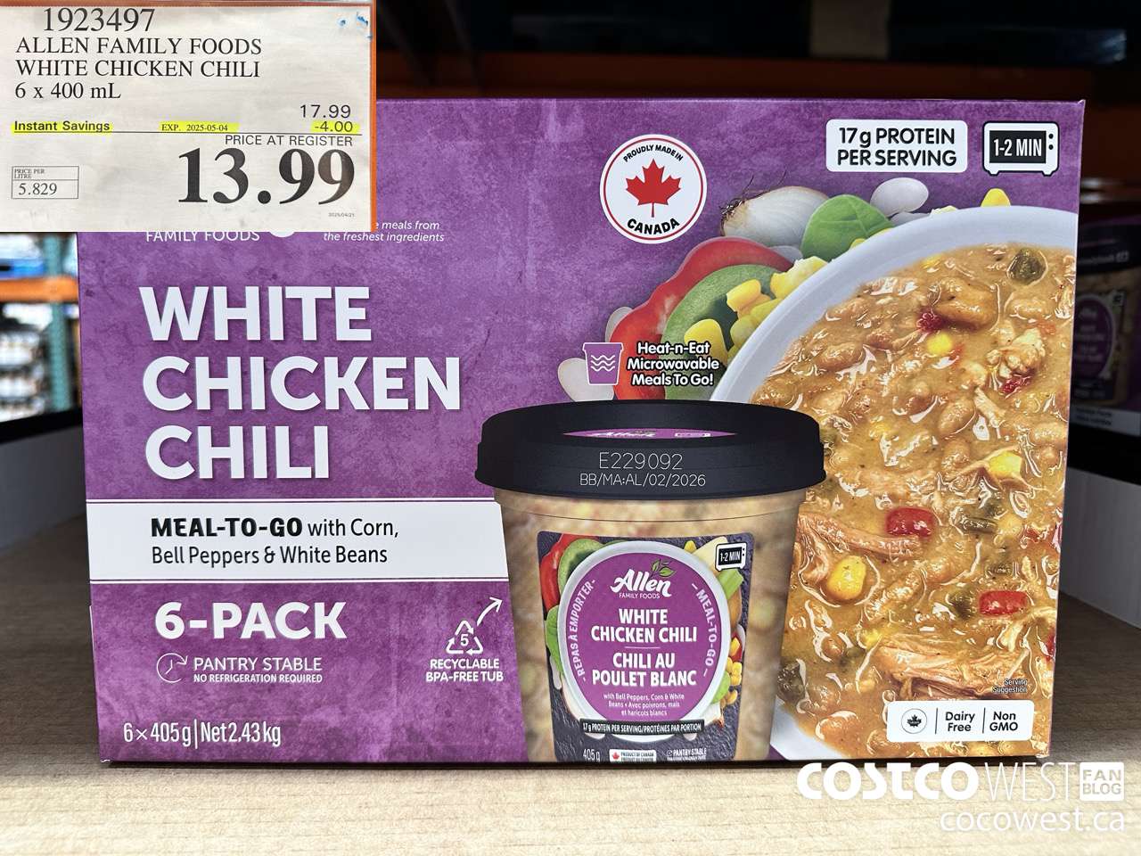 1923497 ALLEN FAMILY FOODS WHITE CHICKEN CHILI 6 X 400ML ($4.00 INSTANT SAVINGS EXPIRES ON 2025-05-04) $13.99