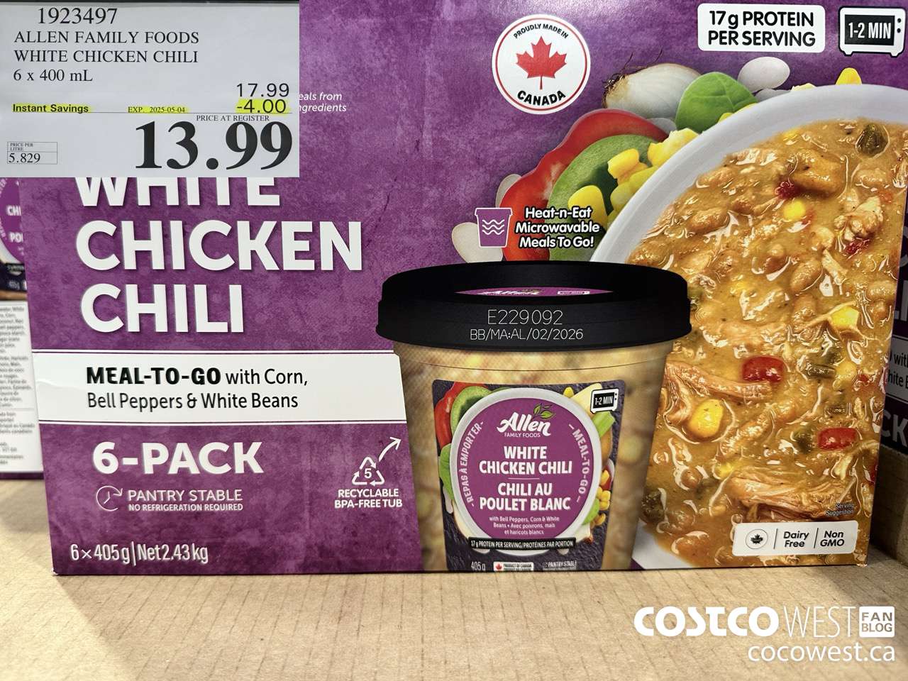 1923497 ALLEN FAMILY FOODS WHITE CHICKEN CHILI 6 X 400ML ($4.00 INSTANT SAVINGS EXPIRES ON 2025-05-04) $13.99