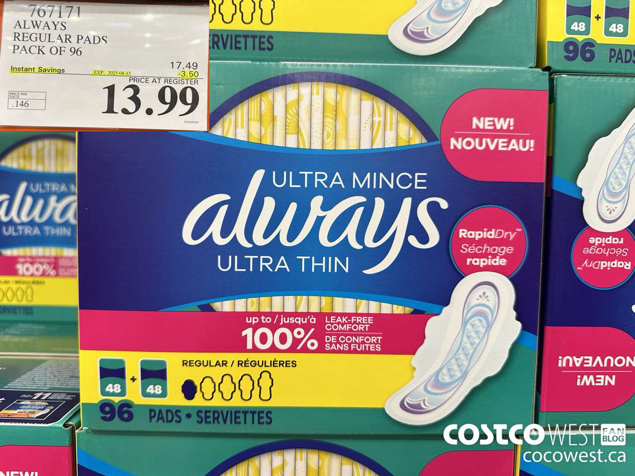 767171 ALWAYS ULTRA THIN PADS REGULAR 96CT ($3.50 INSTANT SAVINGS EXPIRES ON 2025-04-13) $13.99