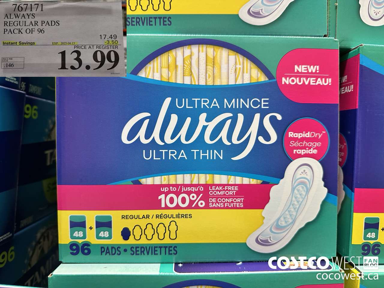 767171 ALWAYS ULTRA THIN PADS REGULAR 96CT ($3.50 INSTANT SAVINGS EXPIRES ON 2025-04-13) $13.99