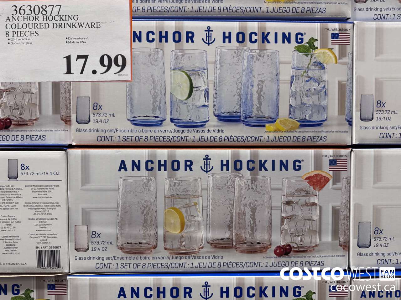 3630877 ANCHOR HOCKING COLOURED DRINKWARE 8 PIECES $17.99