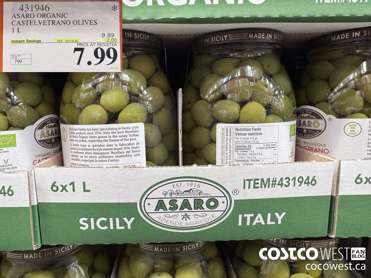 431946 ASARO CASTELVETRANO OLIVES ORGANIC 1 L ($2.00 INSTANT SAVINGS EXPIRES ON 2025-04-06) $7.99