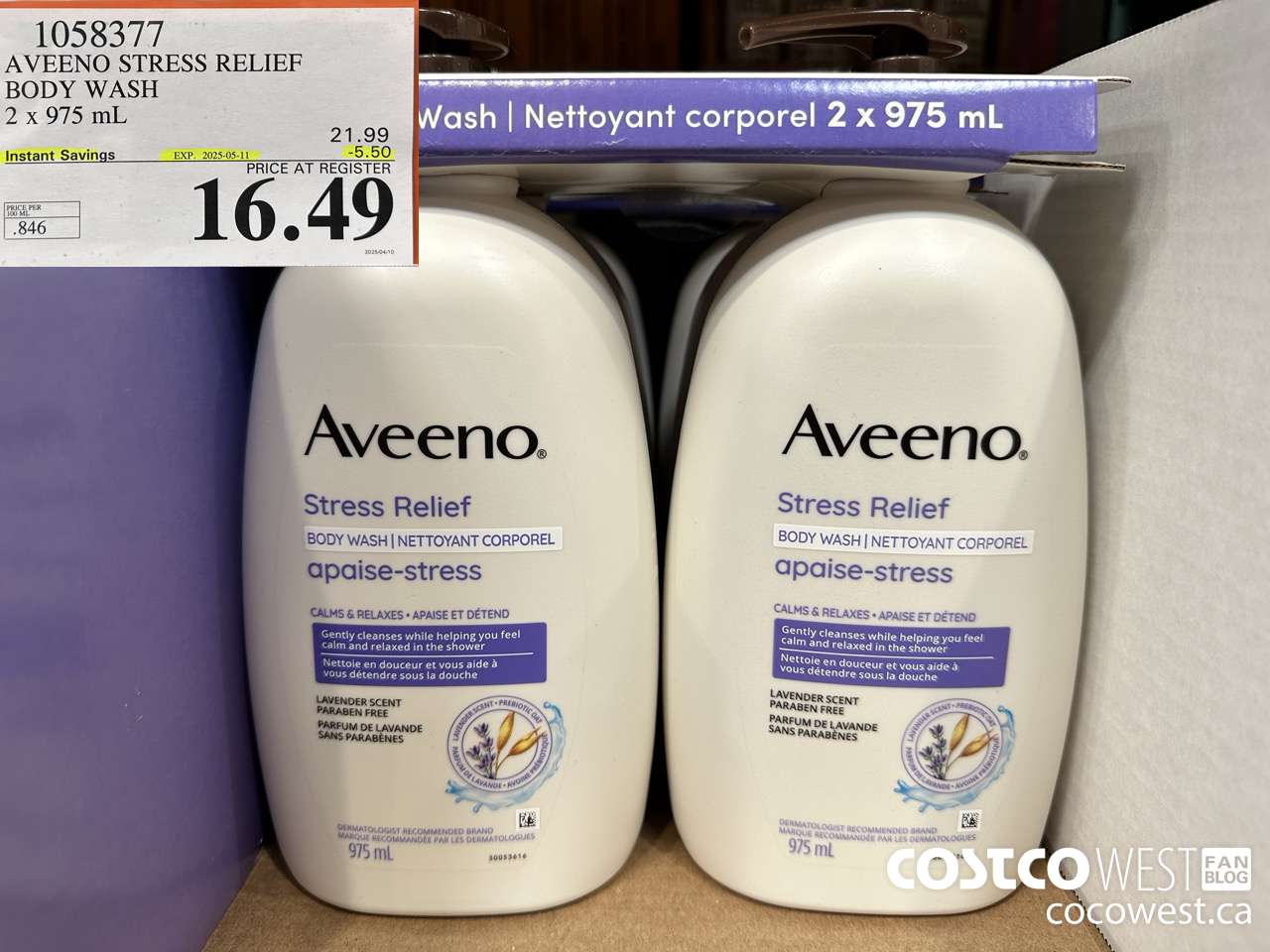 1058377 AVEENO STRESS RELIEF BODY WASH 2 X 975 ML ($5.50 INSTANT SAVINGS EXPIRES ON 2025-05-11) $16.49