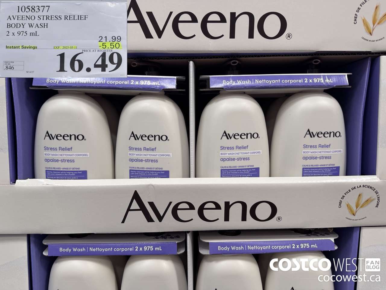 1058377 AVEENO STRESS RELIEF BODY WASH 2 X 975 ML ($5.50 INSTANT SAVINGS EXPIRES ON 2025-05-11) $16.49