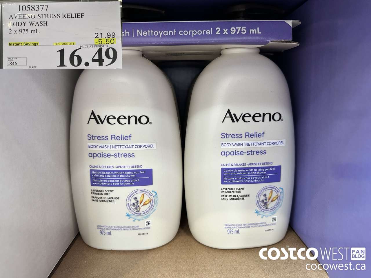 1058377 AVEENO STRESS RELIEF BODY WASH 2 X 975 ML ($5.50 INSTANT SAVINGS EXPIRES ON 2025-05-11) $16.49