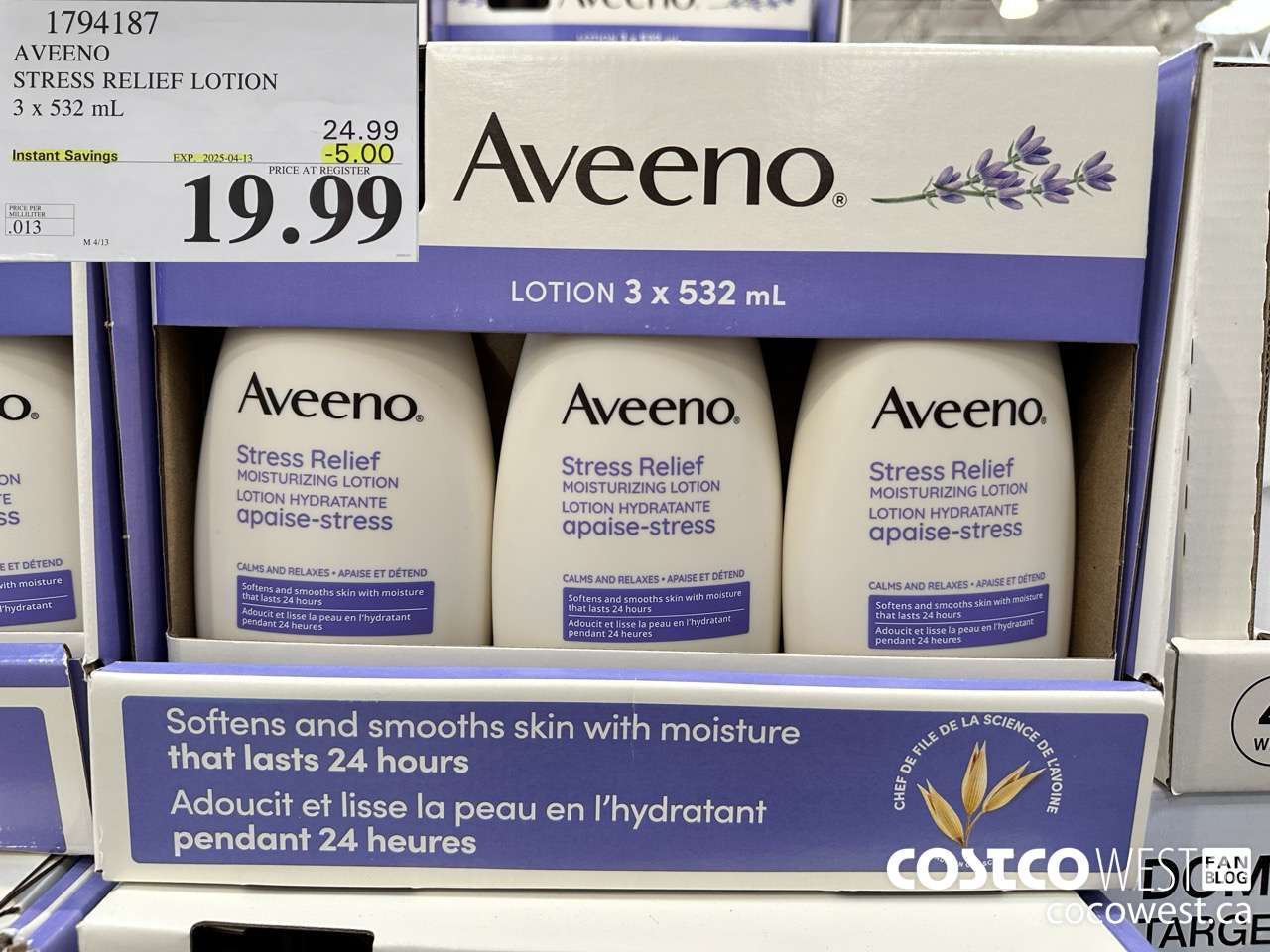1794187 AVEENO STRESS RELIEF LOTION 3 X 532 ML ($5.00 INSTANT SAVINGS EXPIRES ON 2025-04-13) $19.99