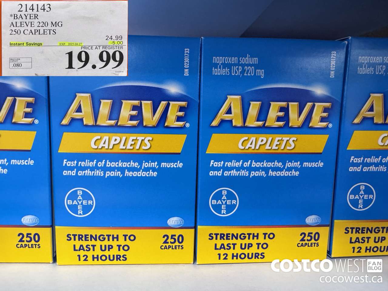 214143 BAYER ALEVE 220 MG 250 CAPLETS ($5.00 INSTANT SAVINGS EXPIRES ON 2025-04-27) $19.99