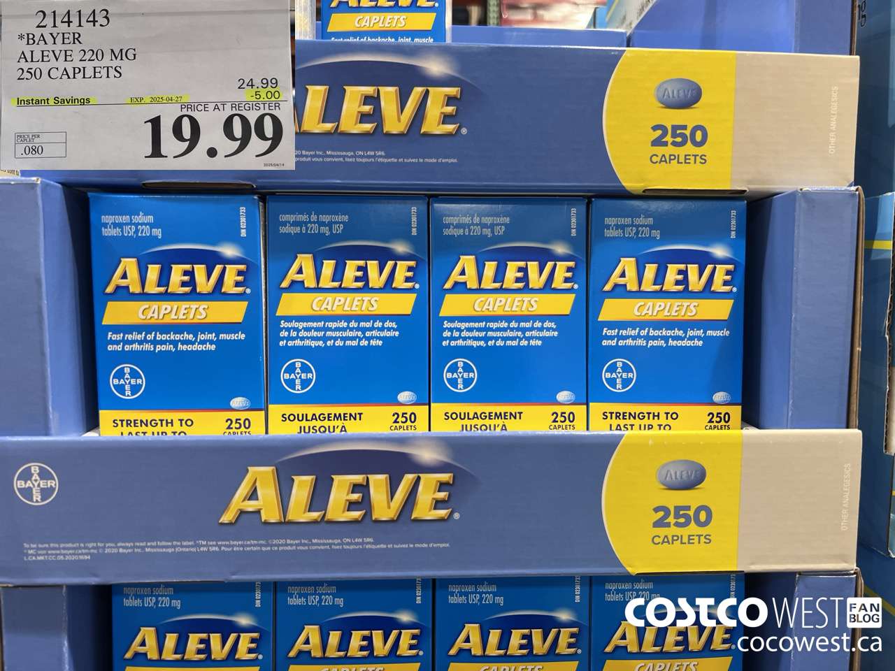214143 BAYER ALEVE 220 MG 250 CAPLETS ($5.00 INSTANT SAVINGS EXPIRES ON 2025-04-27) $19.99