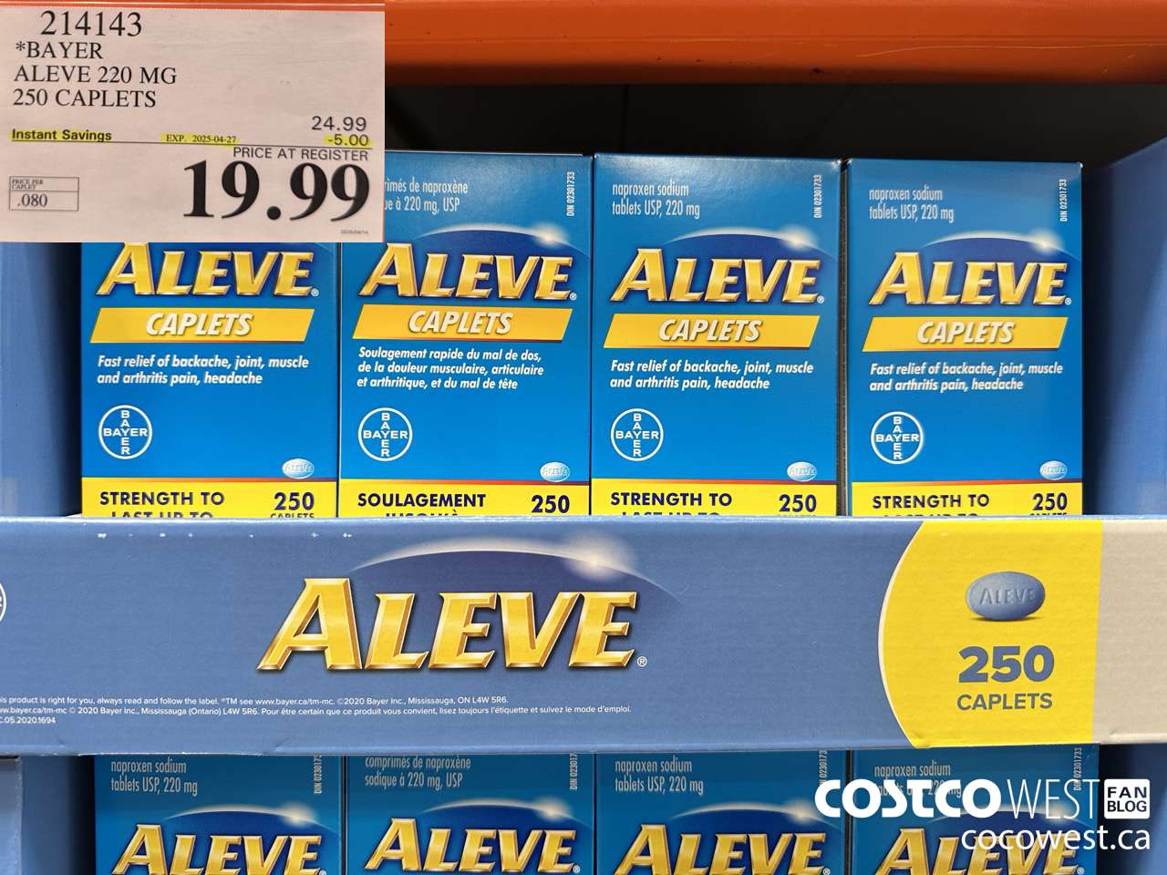 214143 BAYER ALEVE 220 MG 250 CAPLETS ($5.00 INSTANT SAVINGS EXPIRES ON 2025-04-27) $19.99