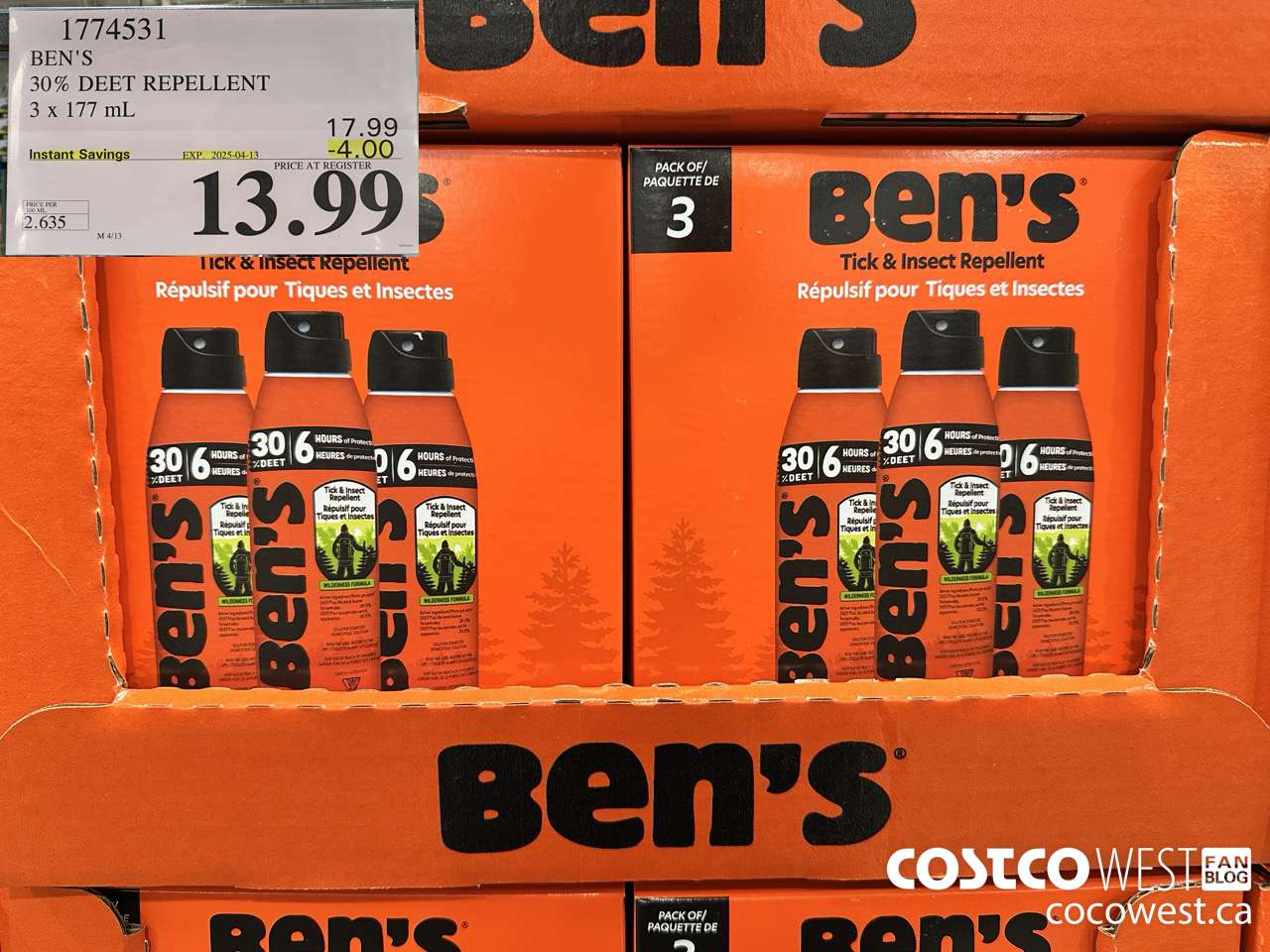 1774531 BEN'S 30% DEET REPELLENT 3 x 177 mL ($4.00 INSTANT SAVINGS EXPIRES ON 2025-04-13) $13.99