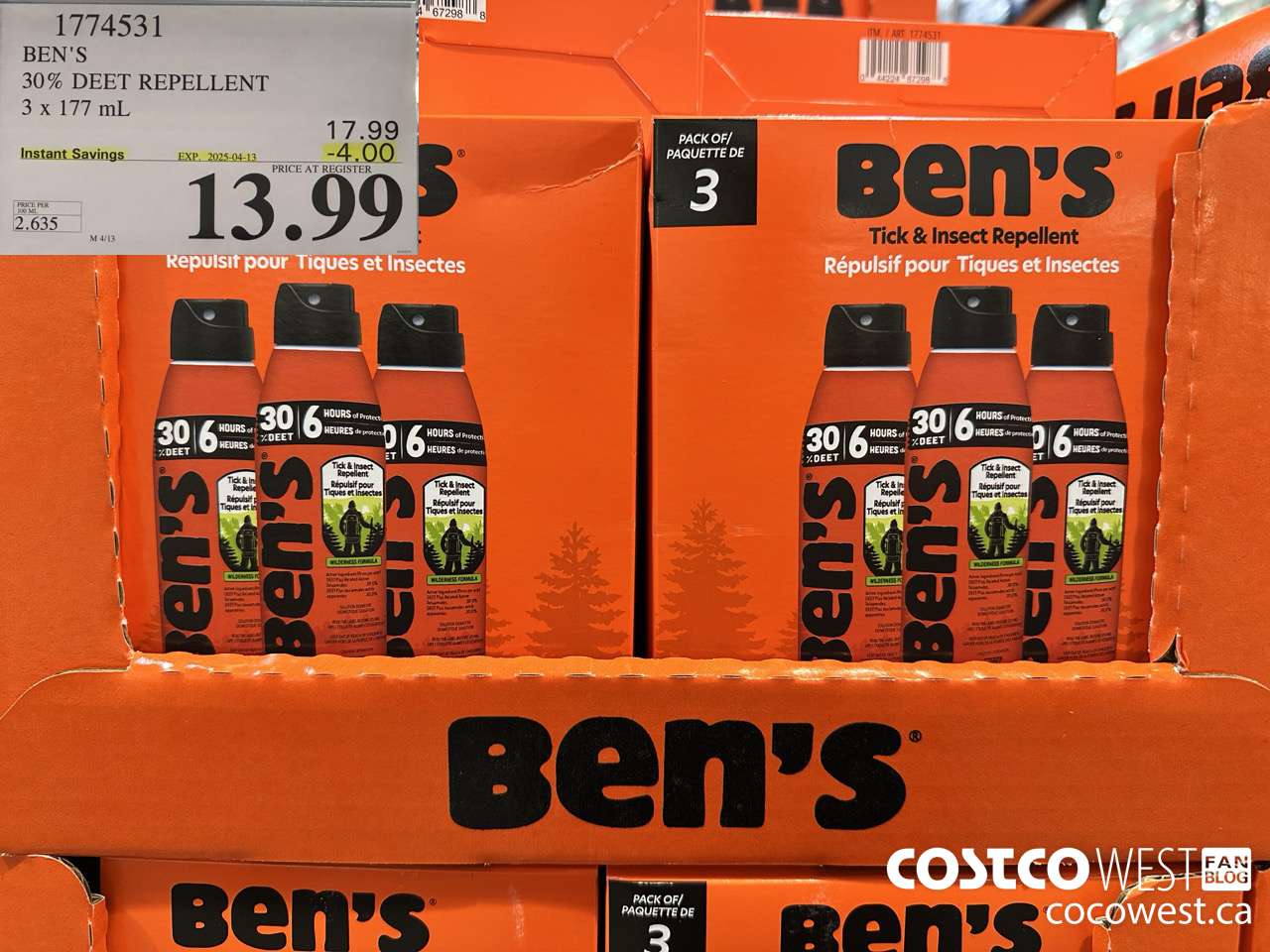 1774531 BEN'S 30% DEET REPELLENT 3 x 177 mL ($4.00 INSTANT SAVINGS EXPIRES ON 2025-04-13) $13.99