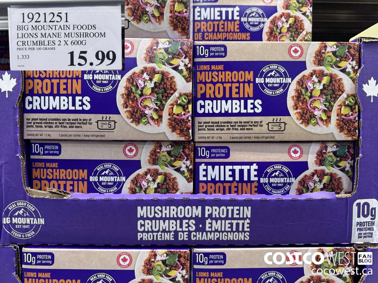 1921251 BIG MOUNTAIN FOODS LIONS MANE MUSHROOM CRUMBLES 2 X 600G $15.99