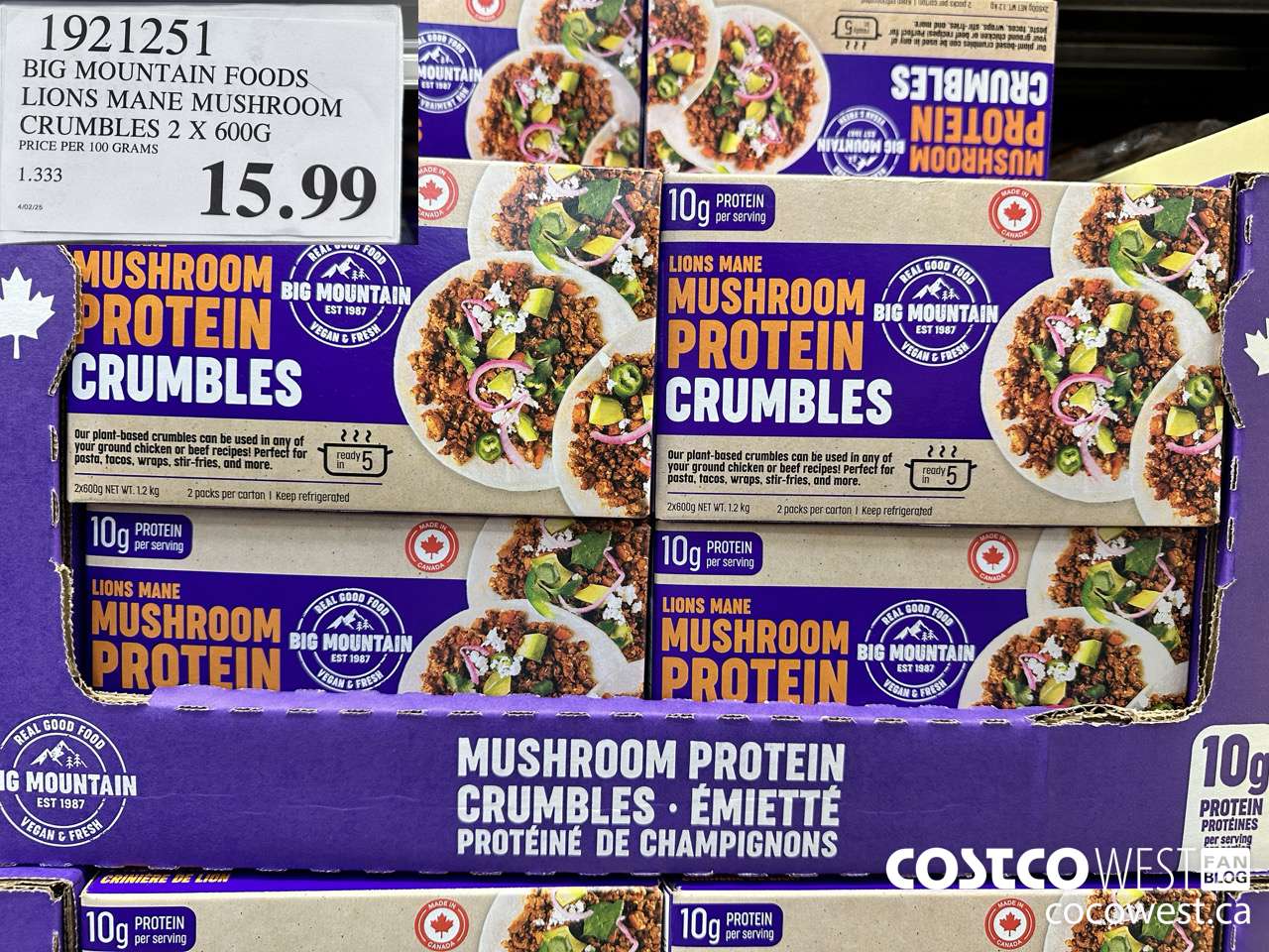 1921251 BIG MOUNTAIN FOODS LIONS MANE MUSHROOM CRUMBLES 2 X 600G $15.99