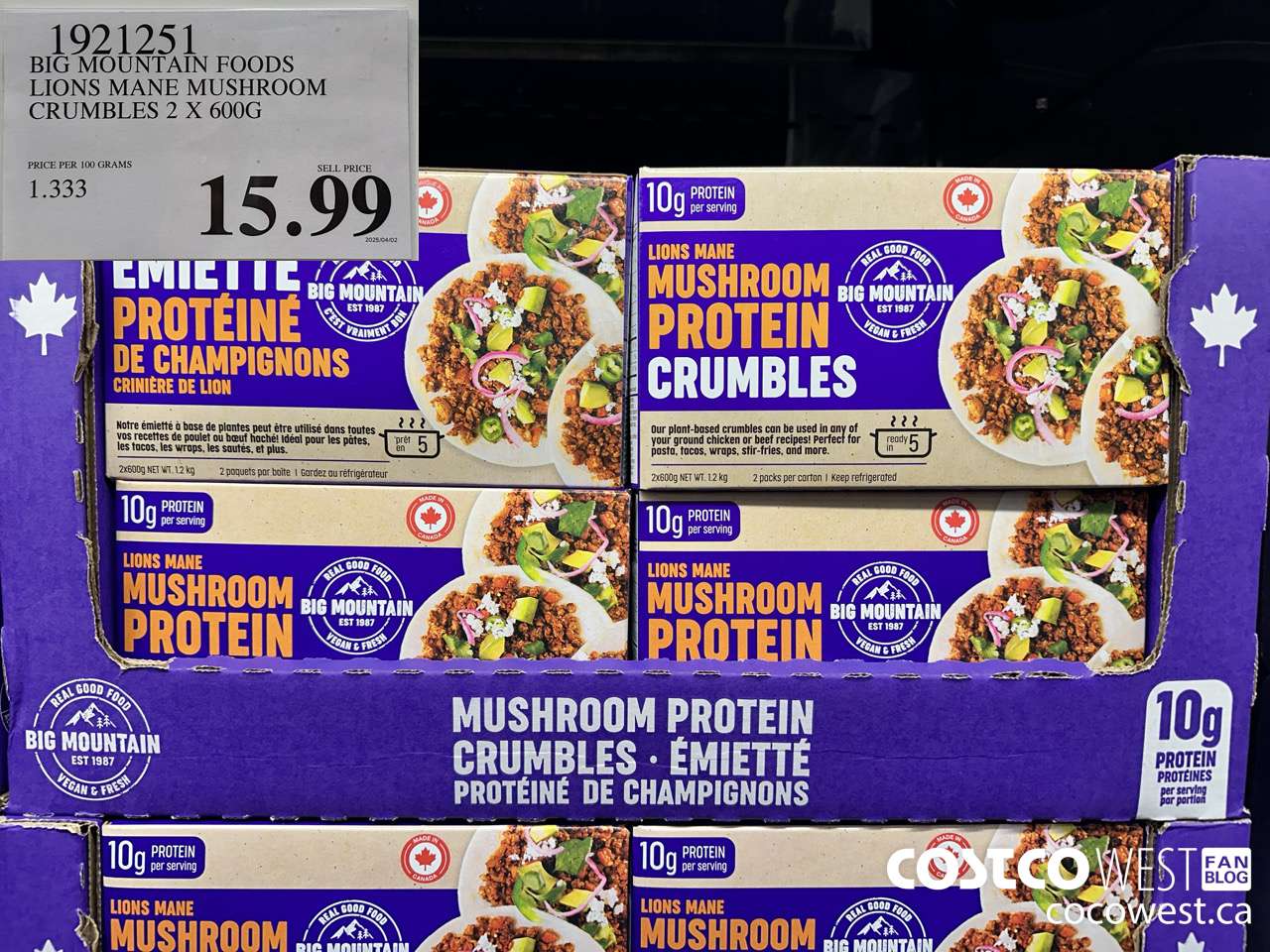 1921251 BIG MOUNTAIN FOODS LIONS MANE MUSHROOM CRUMBLES 2 X 600G $15.99