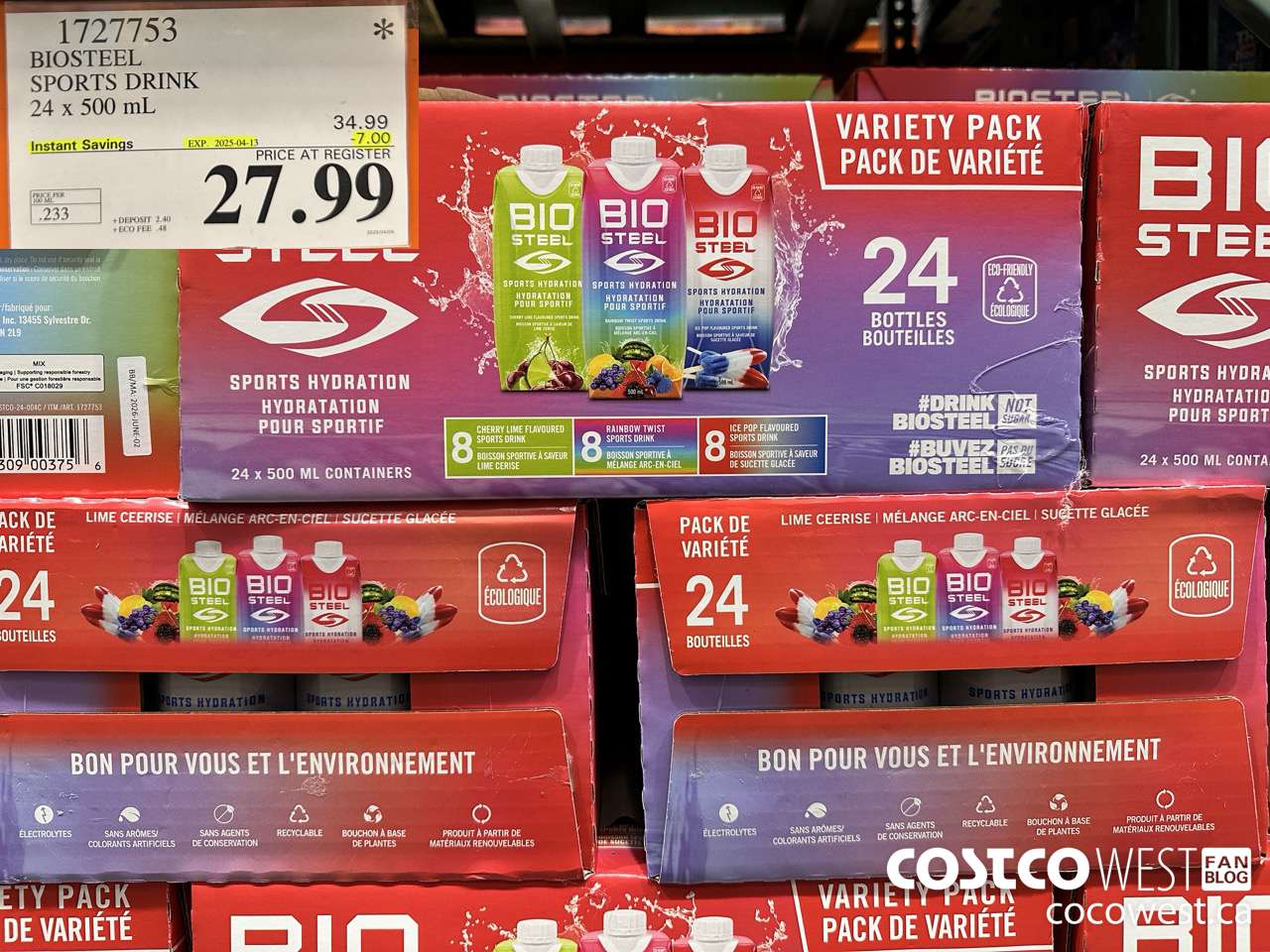 1727753 BIOSTEEL SPORTS DRINK 24 X 500 ML ($7.00 INSTANT SAVINGS EXPIRES ON 2025-04-13) $27.99