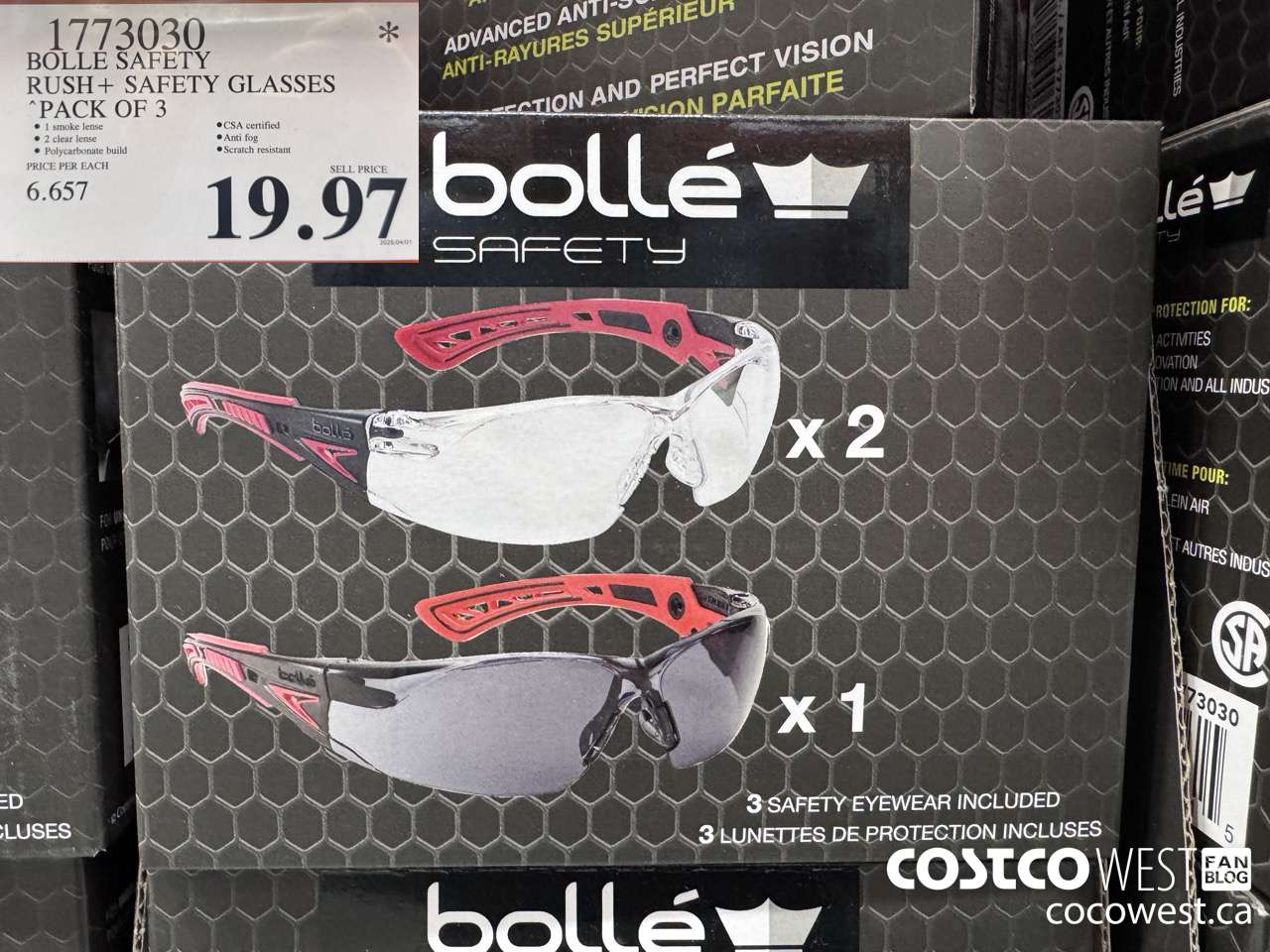 1773030 BOLLE SAFE RUSH+ SAFETY GLASSES PACK OF 3 $19.97