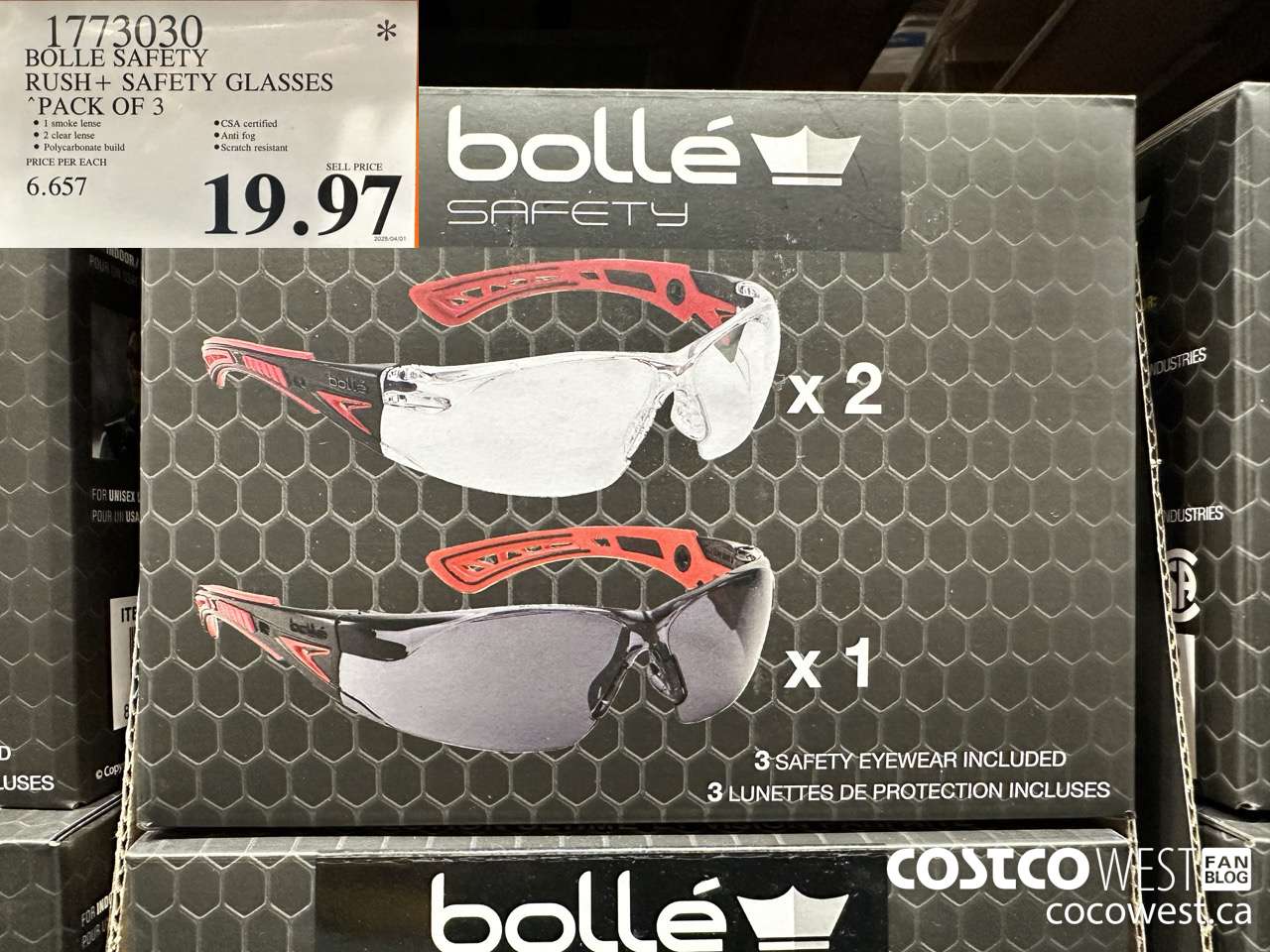 1773030 BOLLE SAFE RUSH+ SAFETY GLASSES PACK OF 3 $19.97