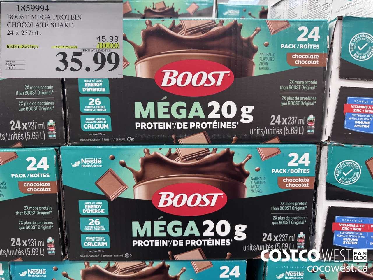 1859994 BOOST MEGA PROTEIN CHOCOLATE SHAKE 24 X 237ML ($10.00 INSTANT SAVINGS EXPIRES ON 2025-04-20) $35.99