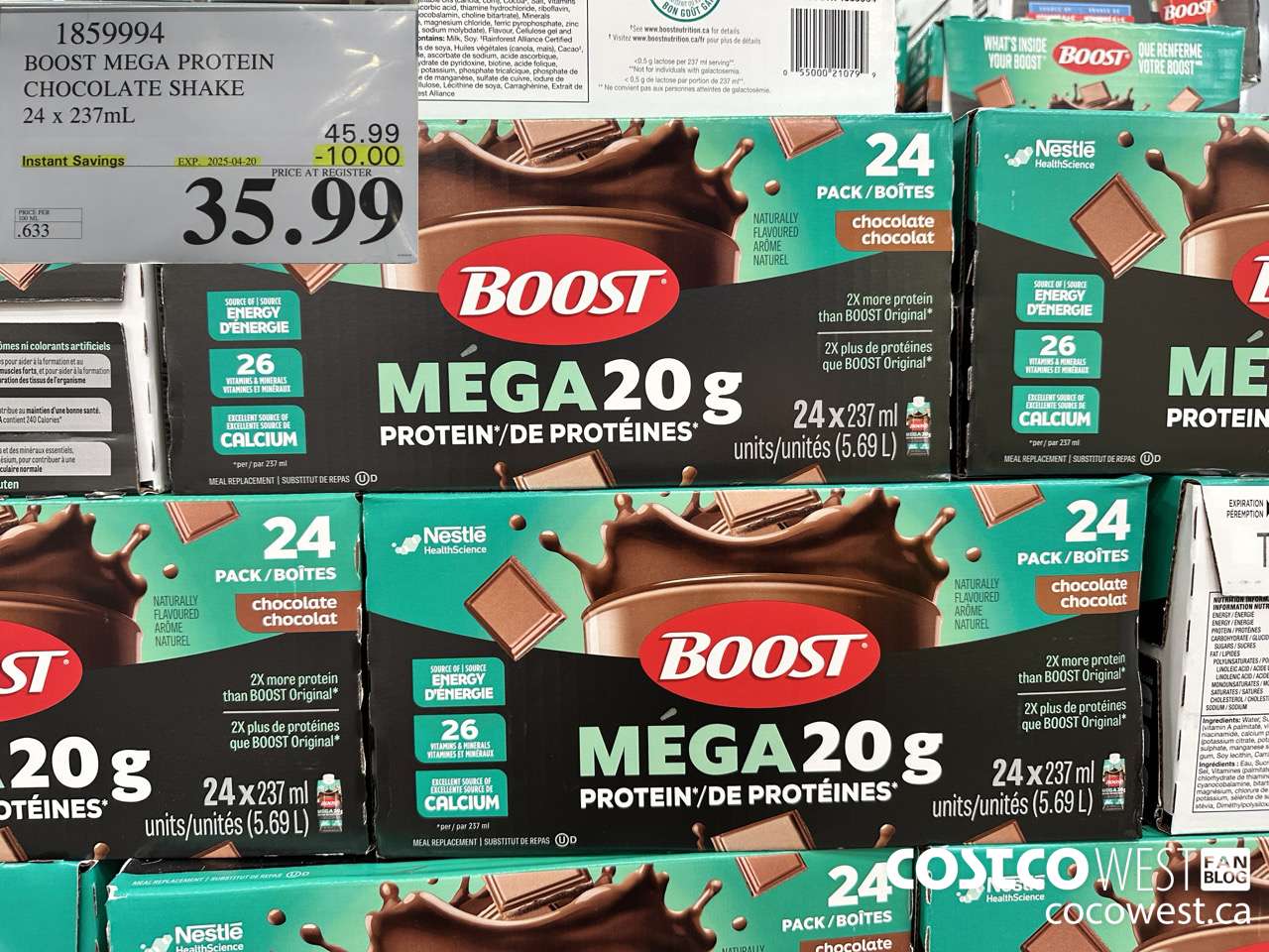 1859994 BOOST MEGA PROTEIN CHOCOLATE SHAKE 24 X 237ML ($10.00 INSTANT SAVINGS EXPIRES ON 2025-04-20) $35.99