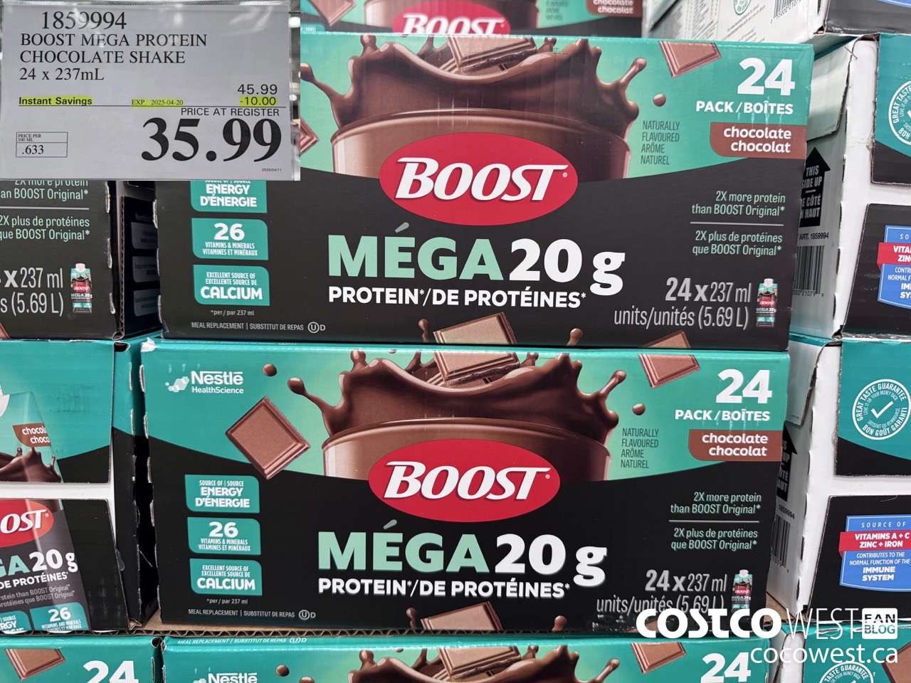 1859994 BOOST MEGA PROTEIN CHOCOLATE SHAKE 24 X 237ML ($10.00 INSTANT SAVINGS EXPIRES ON 2025-04-20) $35.99