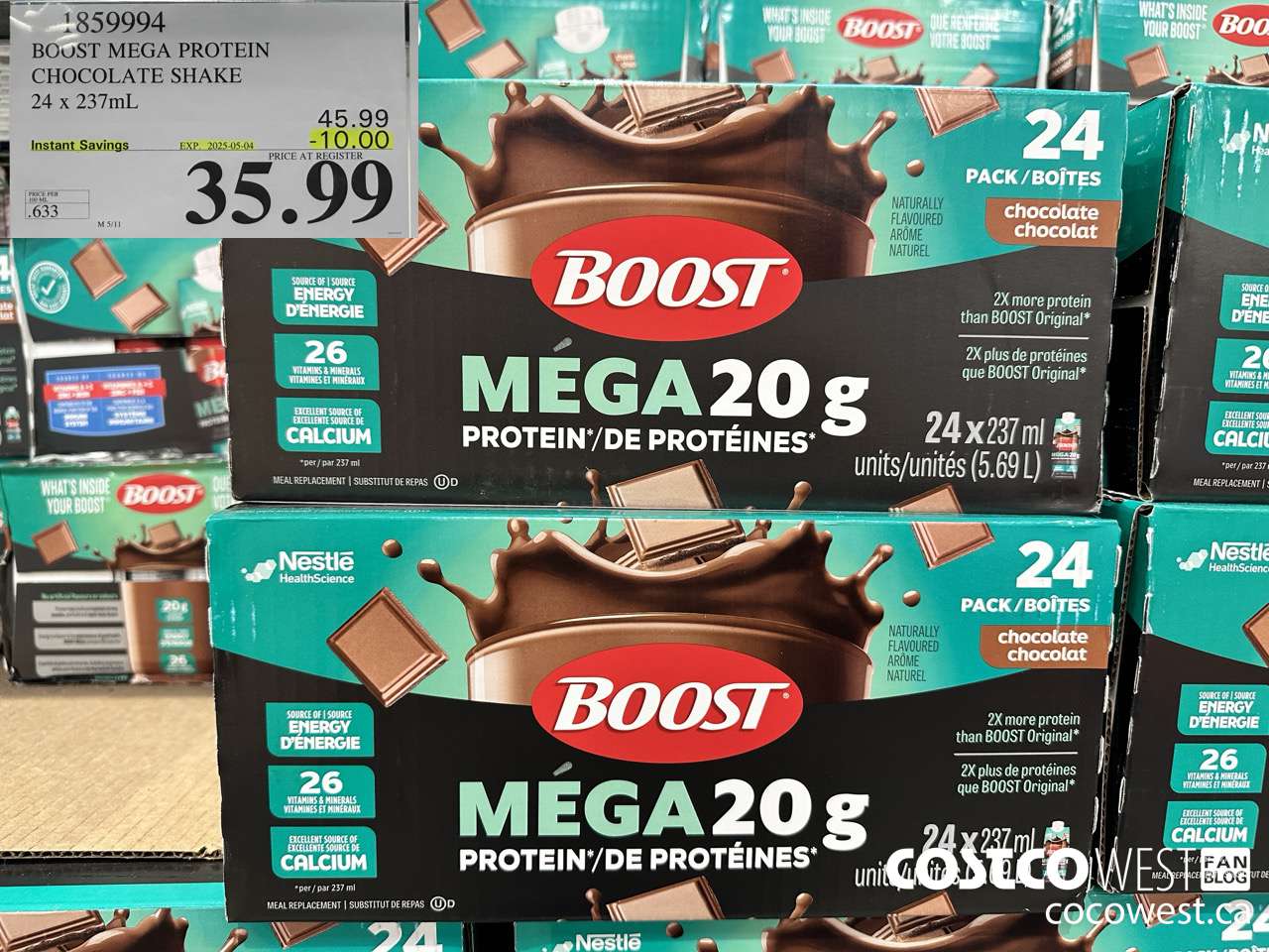 1859994 BOOST MEGA PROTEIN CHOCOLATE SHAKE 24 X 237ML ($10.00 INSTANT SAVINGS EXPIRES ON 2025-05-04) $35.99