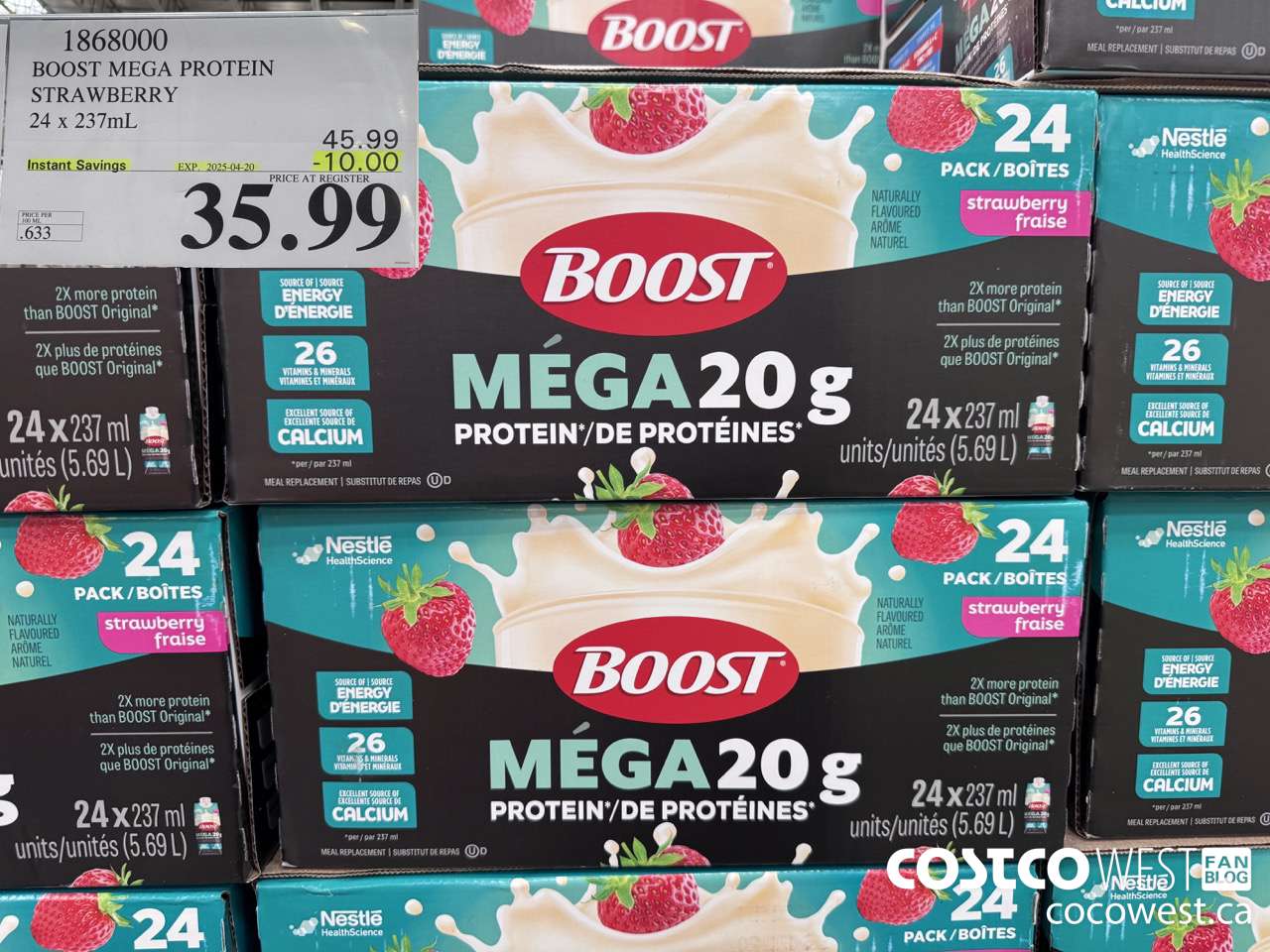1868000 BOOST MEGA PROTEIN STRAWBERRY 24 X 237ML ($10.00 INSTANT SAVINGS EXPIRES ON 2025-04-20) $35.99