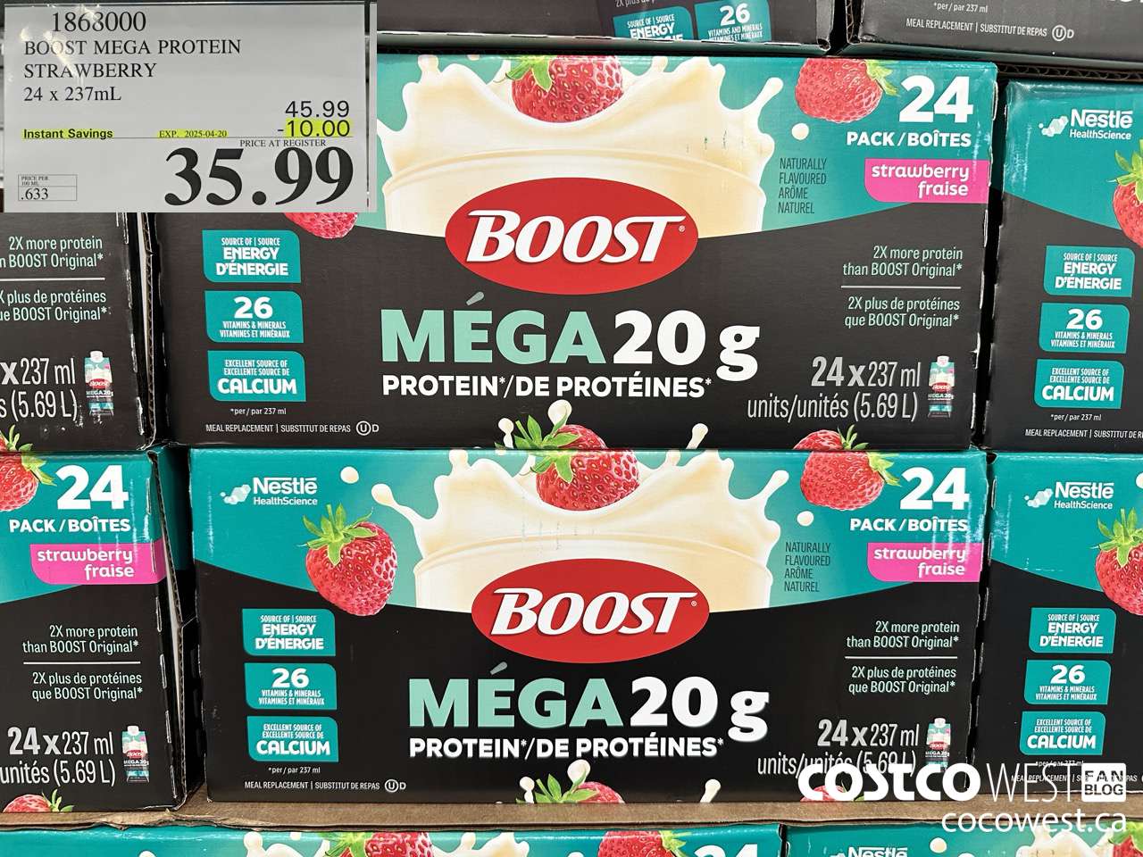 1868000 BOOST MEGA PROTEIN STRAWBERRY 24 X 237ML ($10.00 INSTANT SAVINGS EXPIRES ON 2025-04-20) $35.99