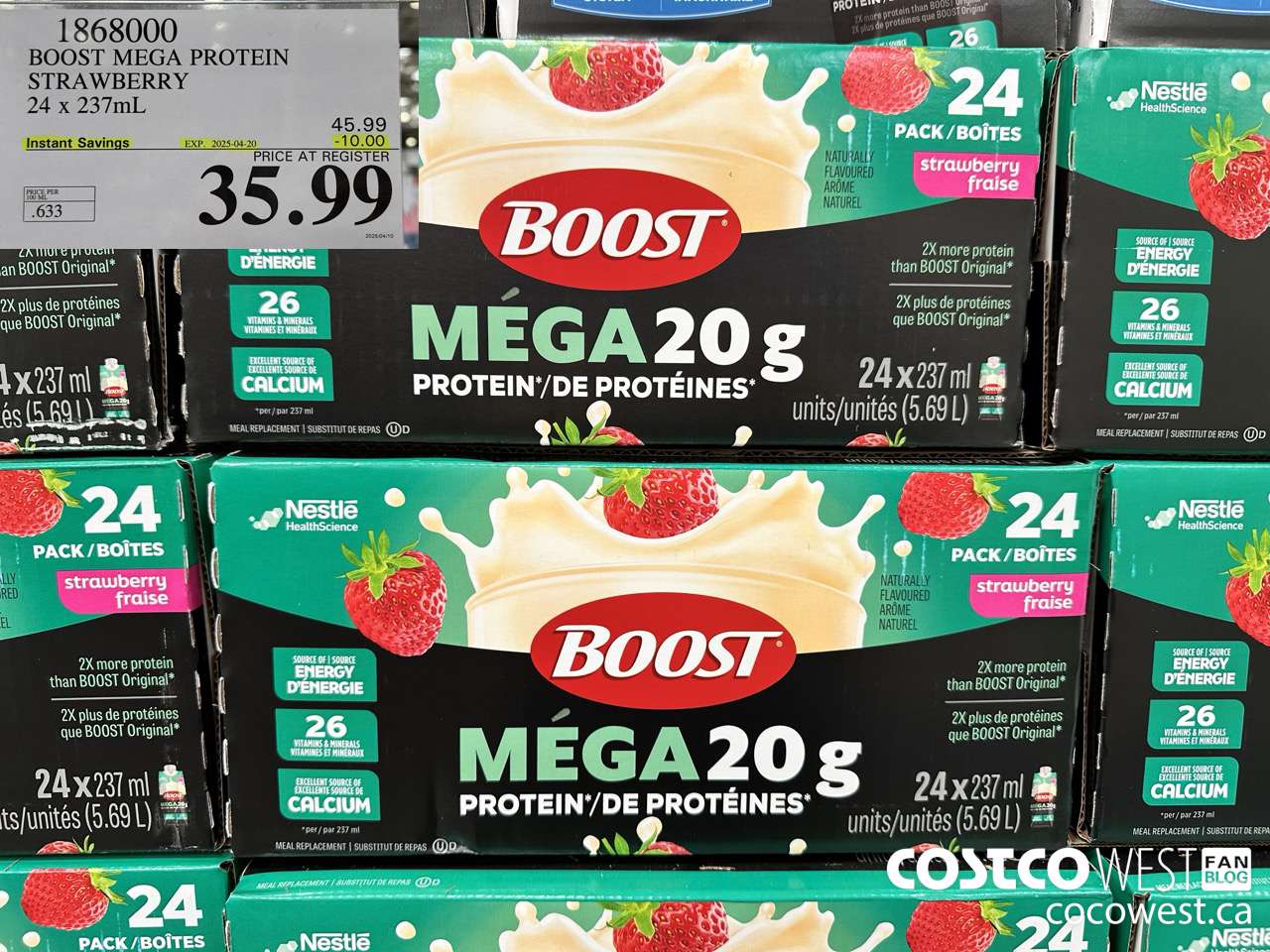 1868000 BOOST MEGA PROTEIN STRAWBERRY 24 X 237ML ($10.00 INSTANT SAVINGS EXPIRES ON 2025-04-20) $35.99