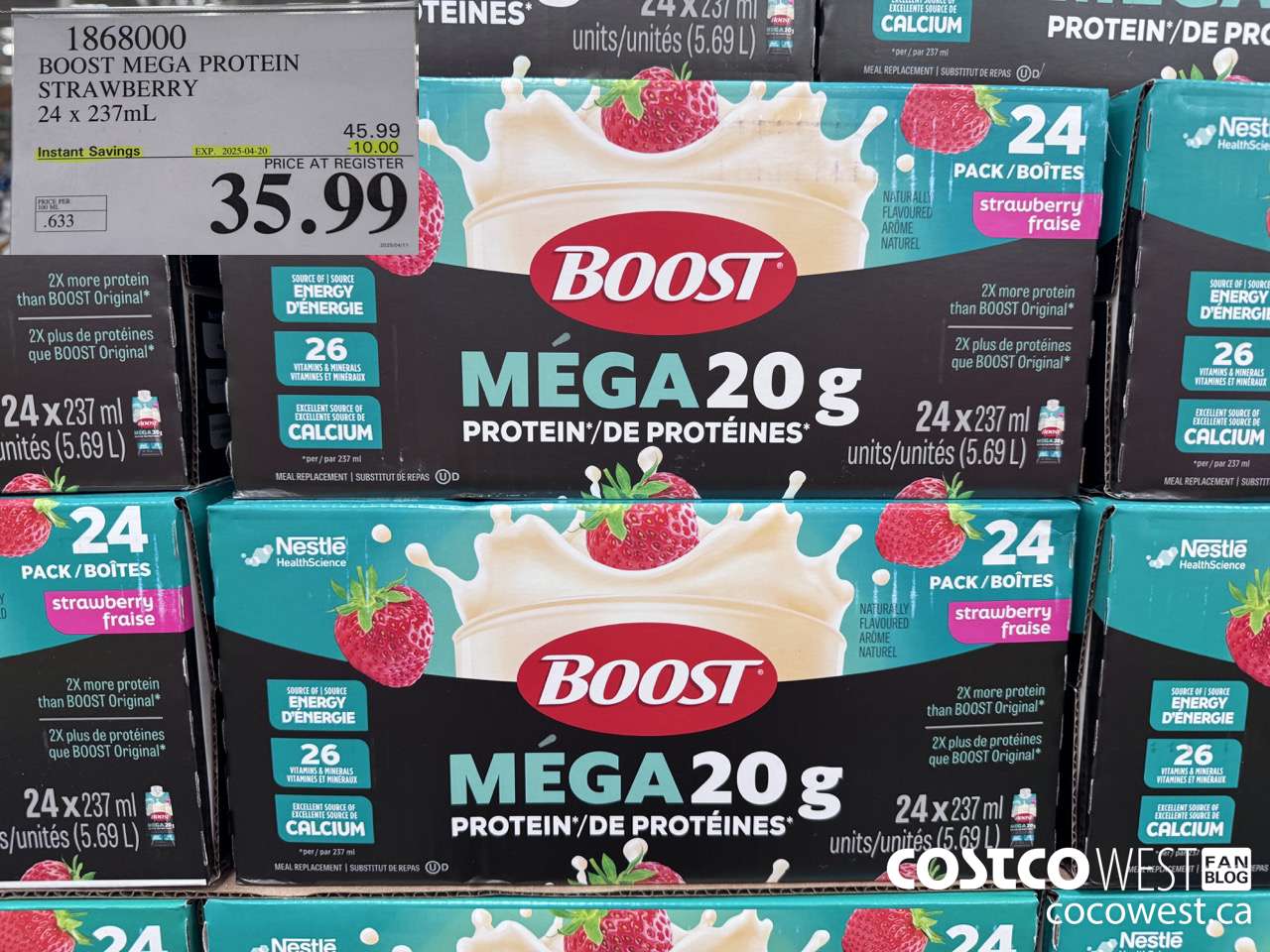1868000 BOOST MEGA PROTEIN STRAWBERRY 24 X 237ML ($10.00 INSTANT SAVINGS EXPIRES ON 2025-04-20) $35.99