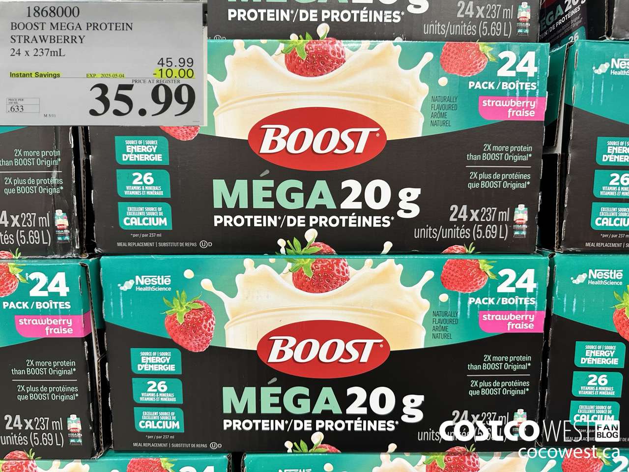 1868000 BOOST MEGA PROTEIN STRAWBERRY 24 X 237ML ($10.00 INSTANT SAVINGS EXPIRES ON 2025-05-04) $35.99