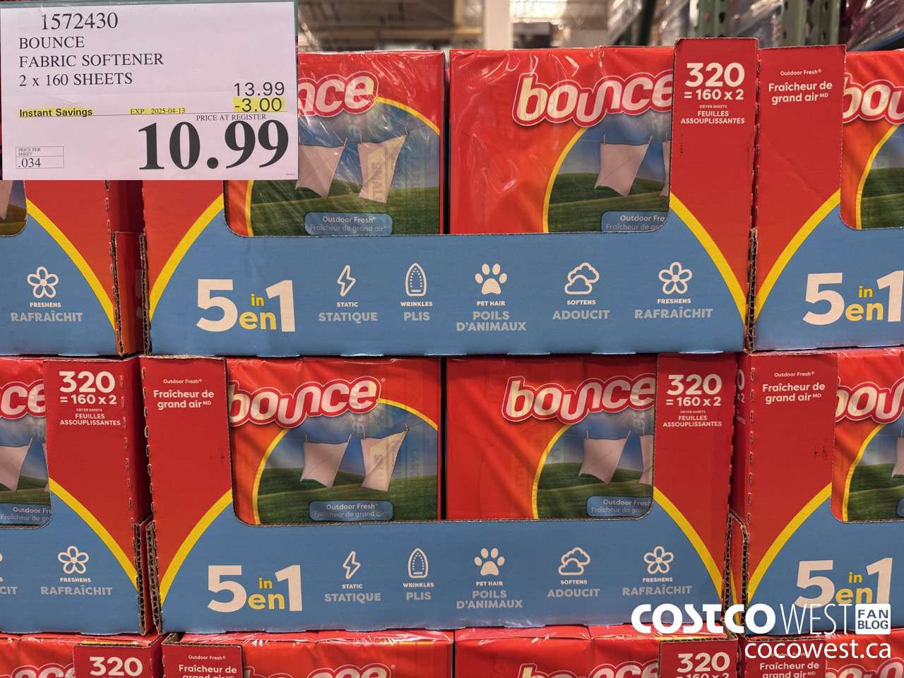 1572430 BOUNCE FABRIC SOFTENER 2 X 160 SHEETS ($3.00 INSTANT SAVINGS EXPIRES ON 2025-04-13) $10.99