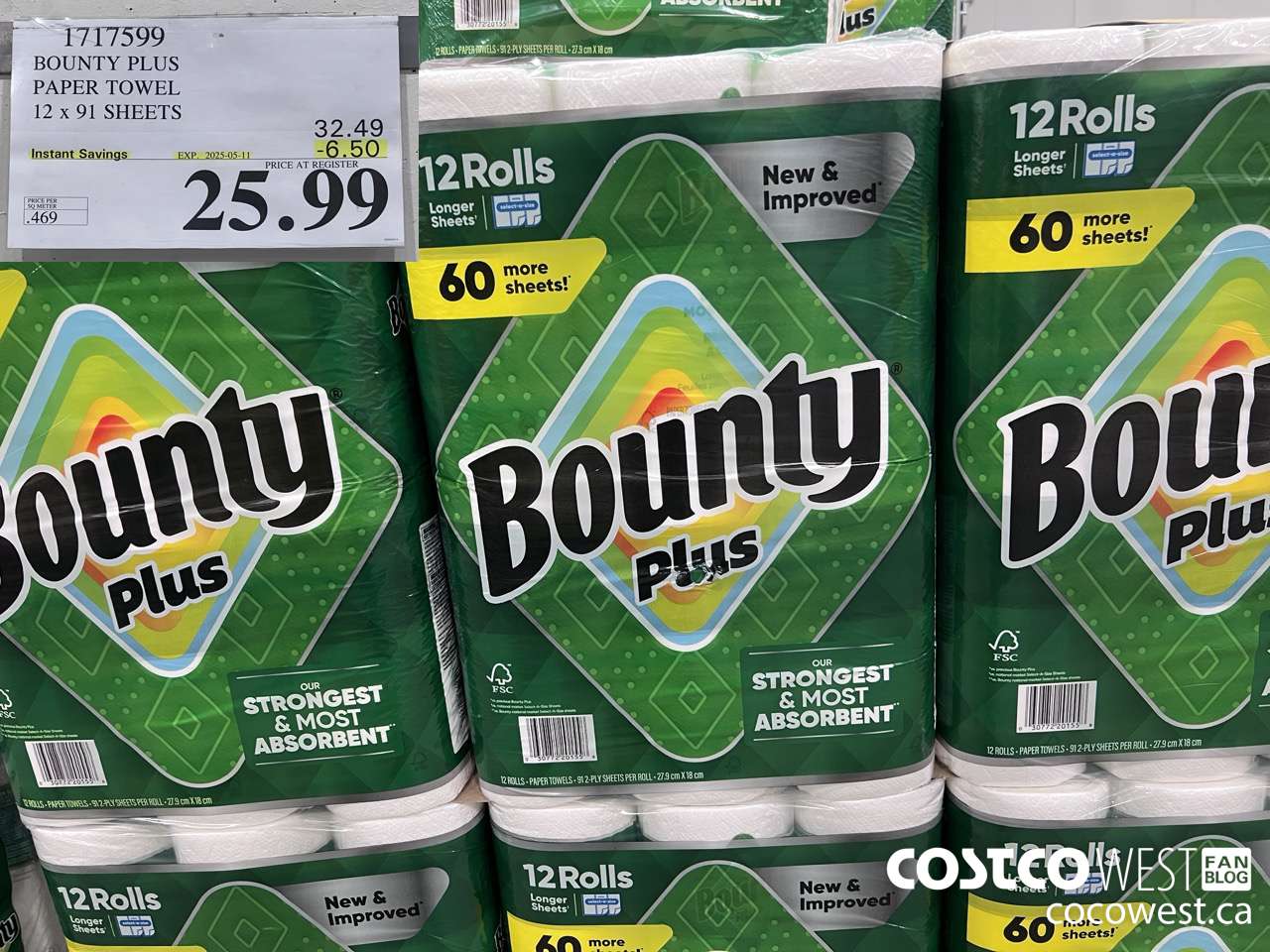 1717599 BOUNTY PLUS PAPER TOWEL 12 X 91 SHEETS ($6.50 INSTANT SAVINGS EXPIRES ON 2025-05-11) $25.99