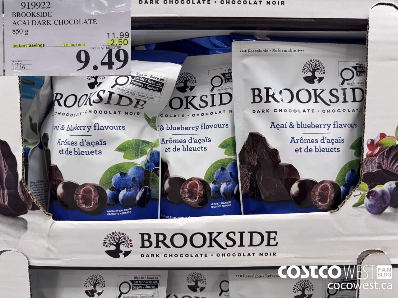 919922 BROOKSIDE ACAI DARK CHOCOLATE 850 g ($2.50 INSTANT SAVINGS EXPIRES ON 2024-04-13) $9.49