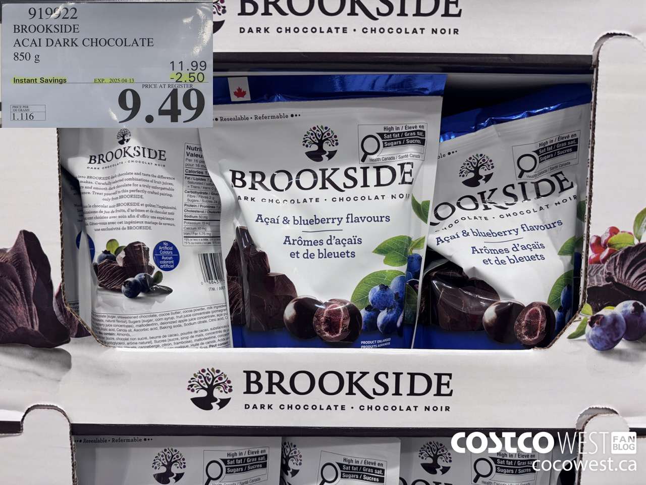 919922 BROOKSIDE ACAI DARK CHOCOLATE 850 g ($2.50 INSTANT SAVINGS EXPIRES ON 2024-04-13) $9.49