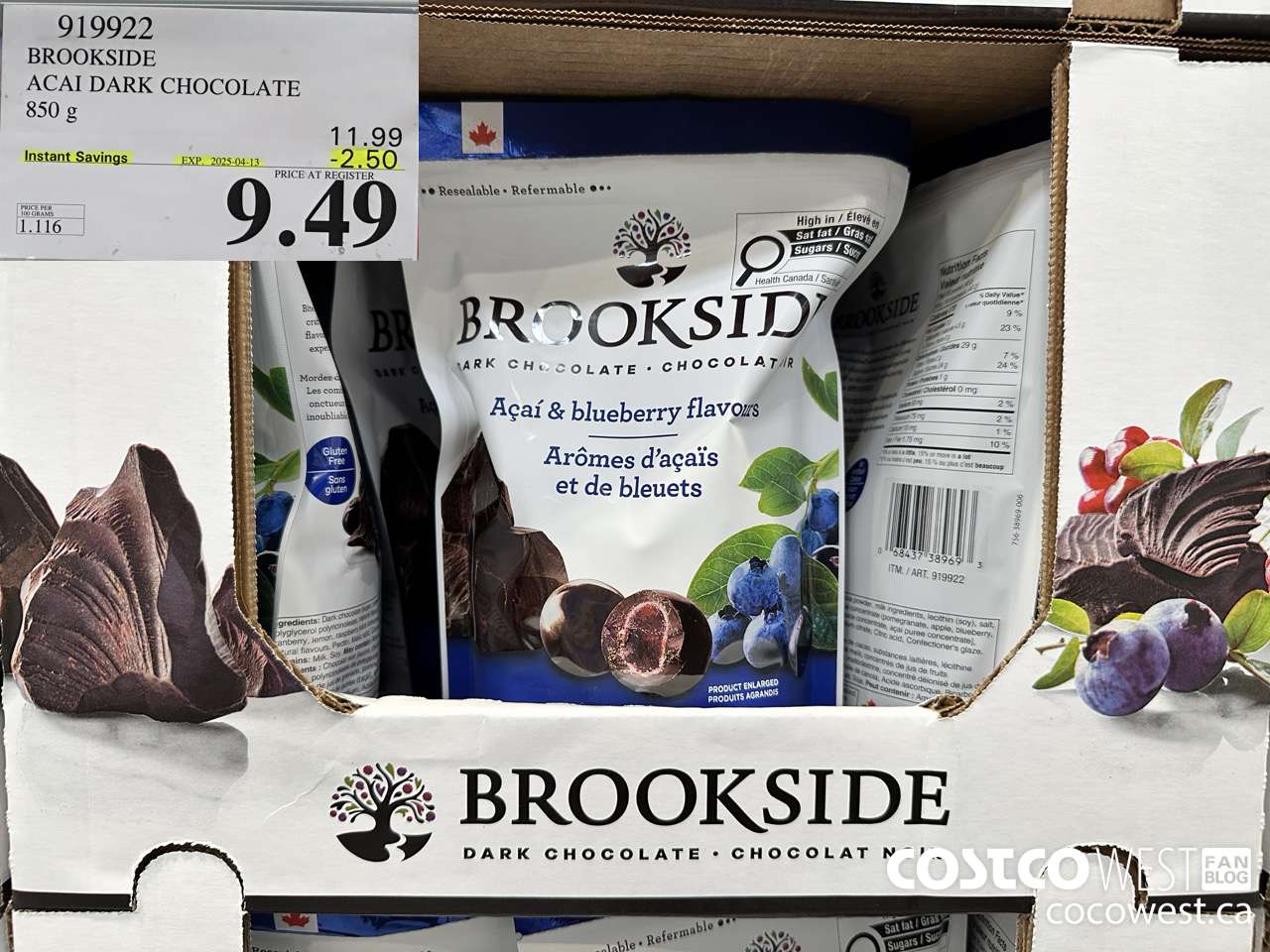 919922 BROOKSIDE ACAI DARK CHOCOLATE 850 g ($2.50 INSTANT SAVINGS EXPIRES ON 2024-04-13) $9.49