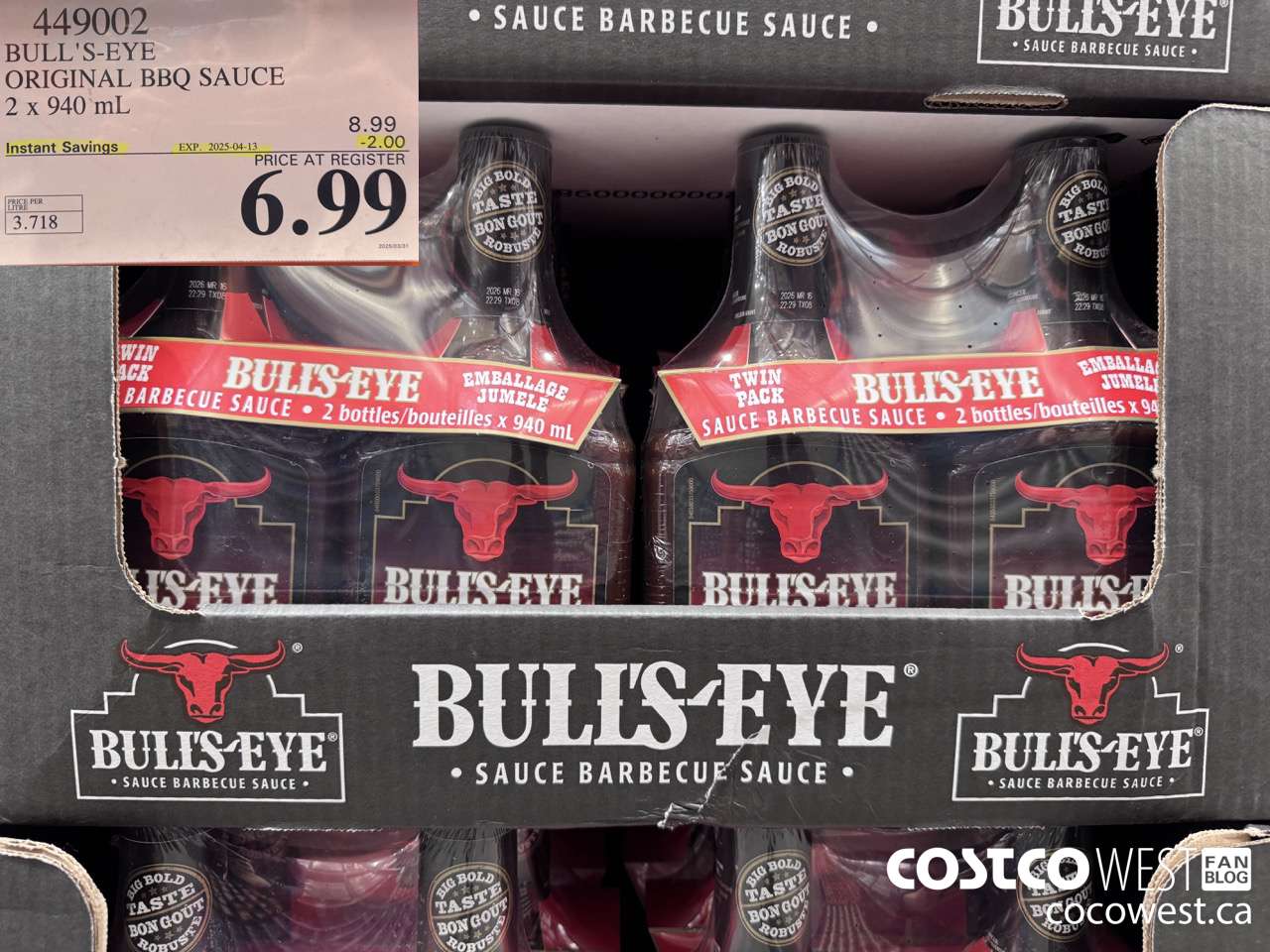 449002 BULLSEYE ORIGINAL BARBECUE SAUCE 2 X 940ML ($2.00 INSTANT SAVINGS EXPIRES ON 2025-04-13) $6.99