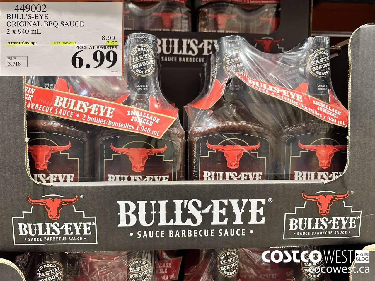 449002 BULLSEYE ORIGINAL BARBECUE SAUCE 2 X 940ML ($2.00 INSTANT SAVINGS EXPIRES ON 2025-04-13) $6.99