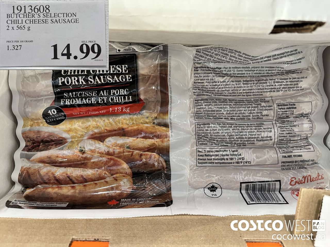 1913608 BUTCHER'S SELECTION CHILI CHEESE SAUSAGE 2 X 545 G $14.99