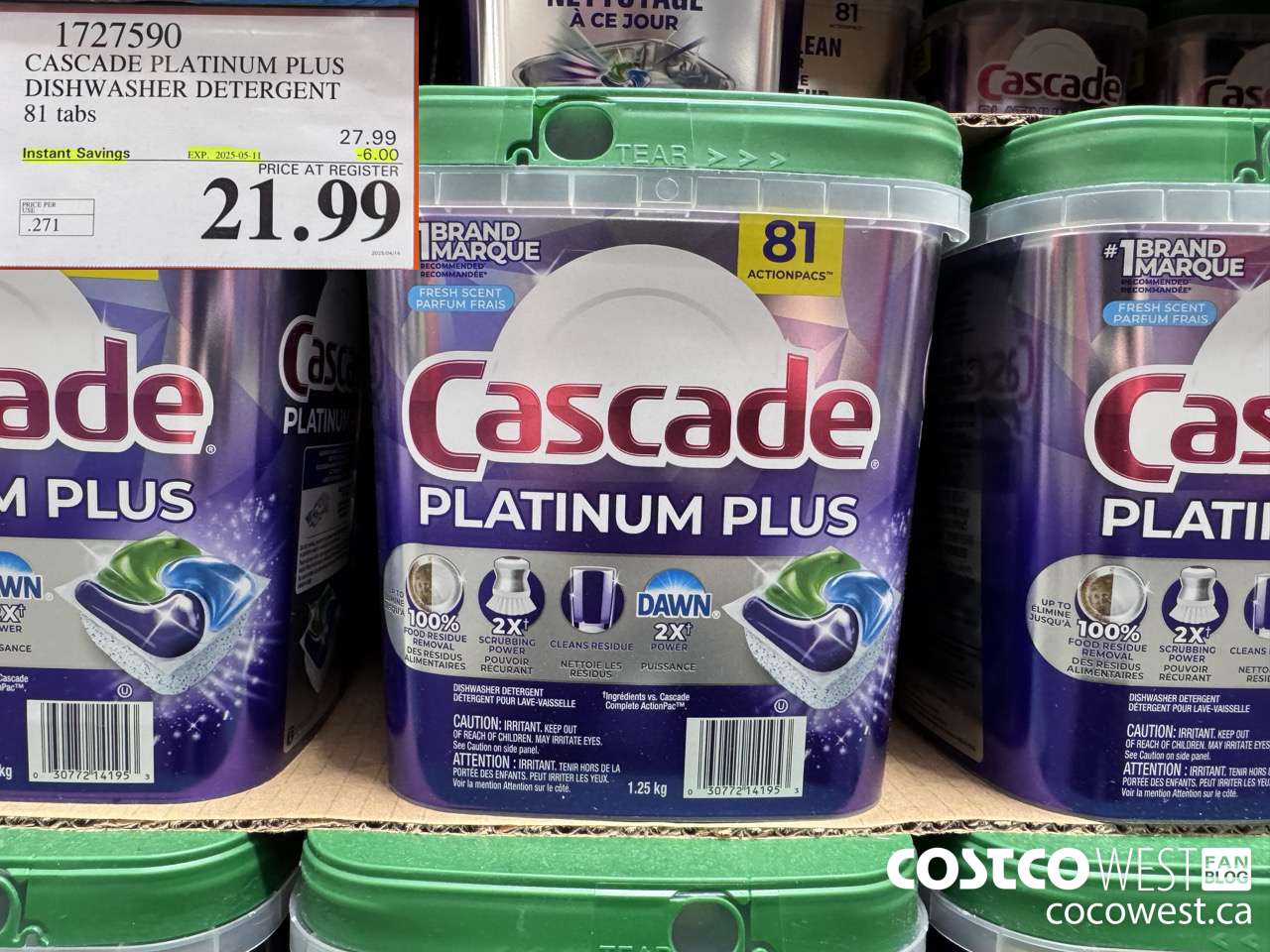 1727590 CASCADE PLATINUM PLUS DISHWASHER DETERGENT 81 TABS ($6.00 INSTANT SAVINGS EXPIRES ON 2025-05-11) $21.99