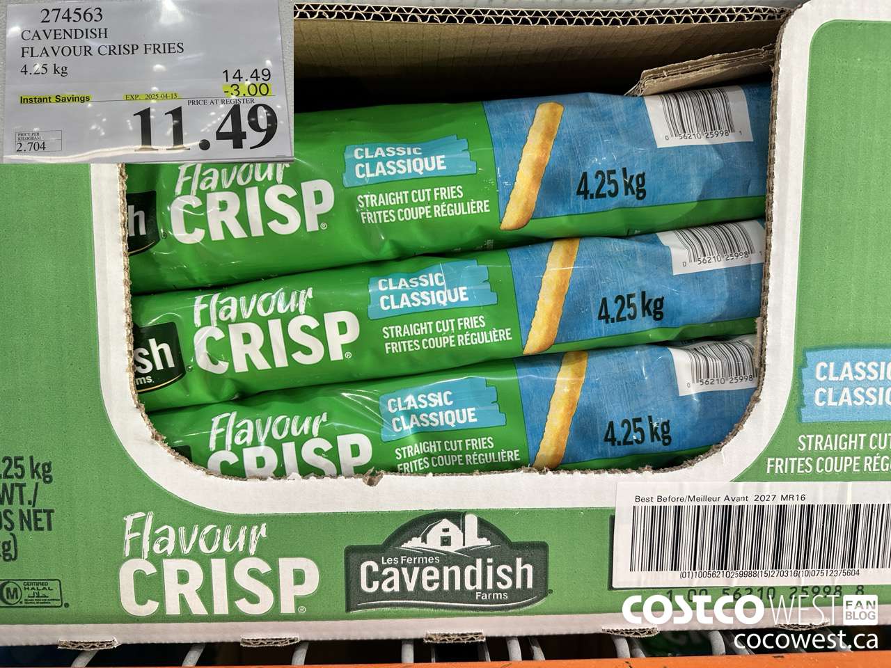 274563 CAVENDISH FLAVOUR CRISP FRIES 4.25 KG ($3.00 INSTANT SAVINGS EXPIRES ON 2025-04-13) $11.49