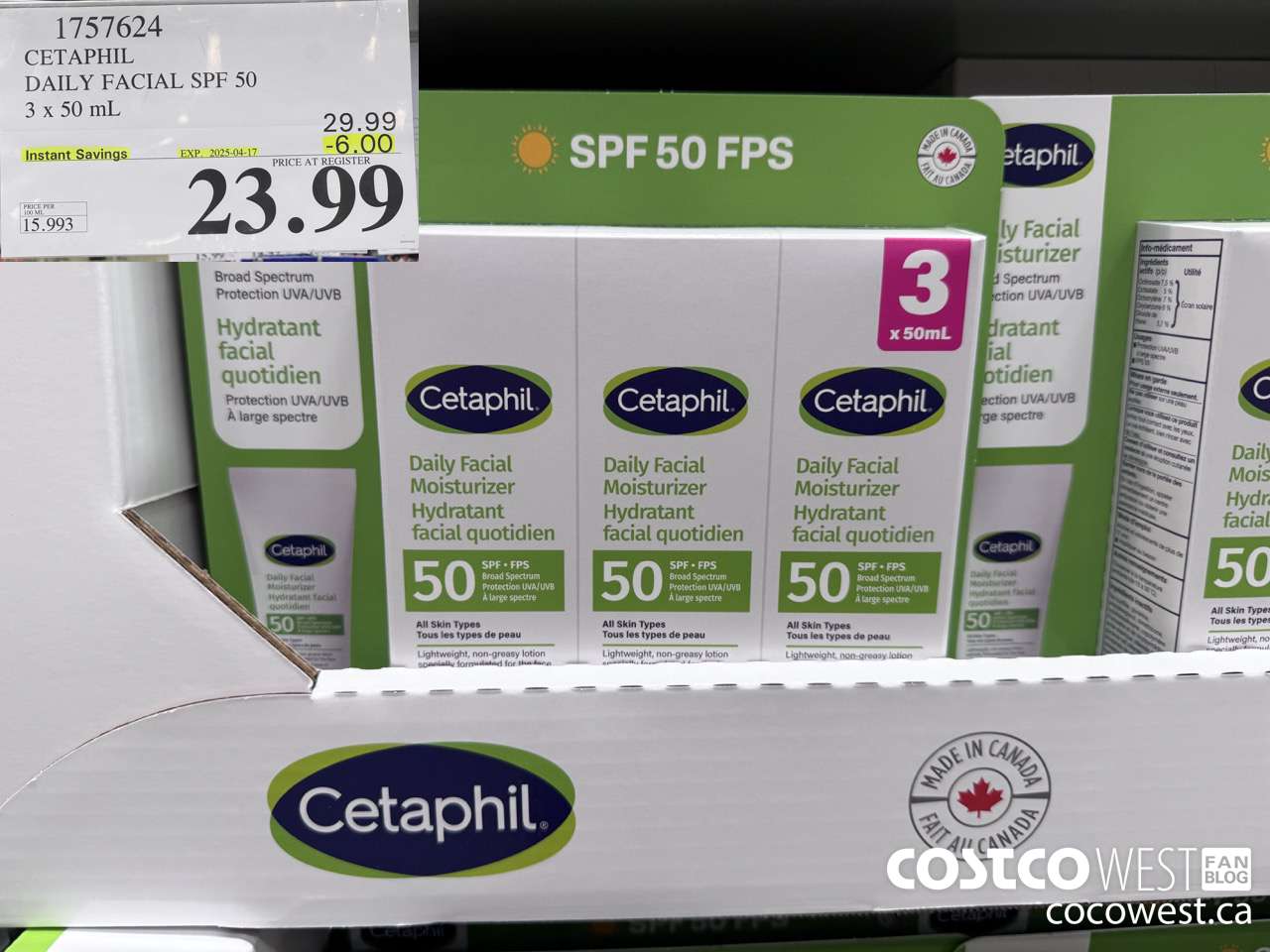 1757624 CETAPHIL DAILY FACIAL SPF 50 3 X 50ML ($6.00 INSTANT SAVINGS EXPIRES ON 2025-04-17) $23.99