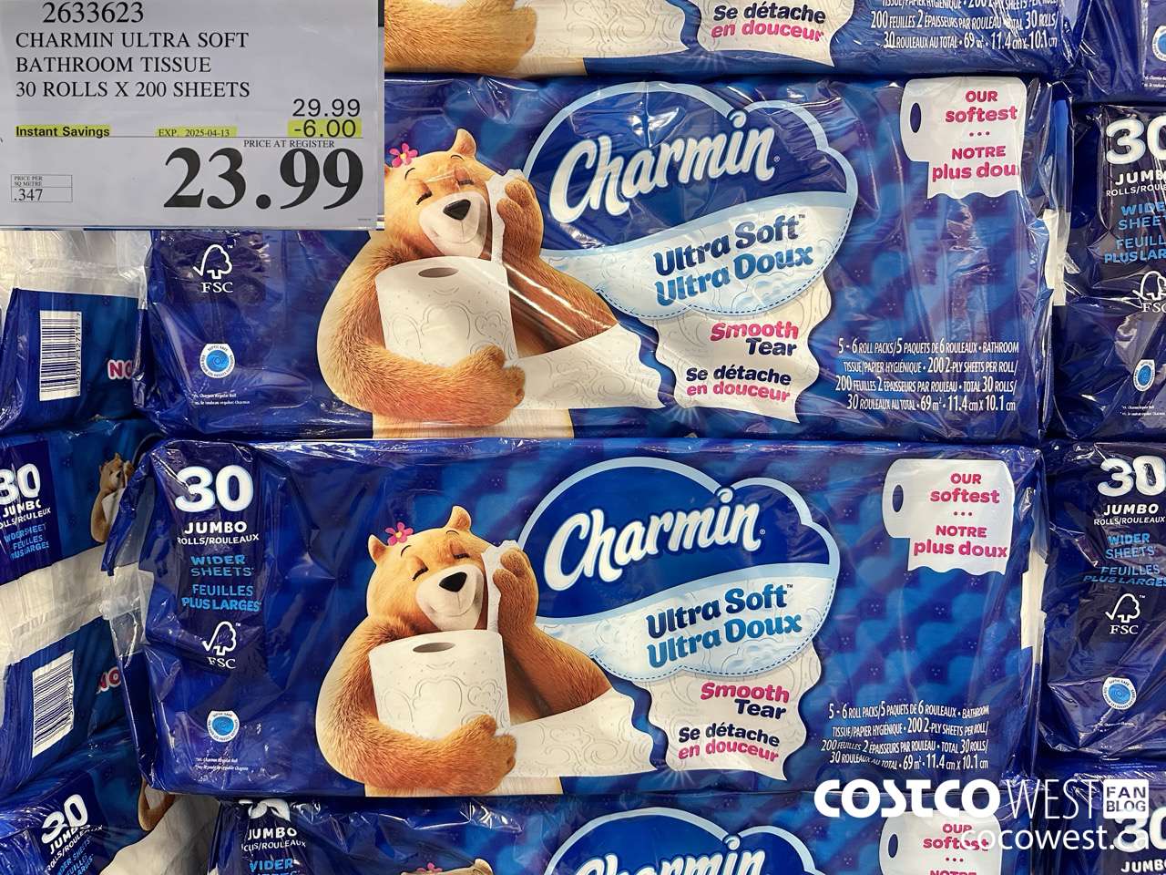 2633623 CHARMIN ULTRA SOFT BATHROOM TISSUE 30 ROLLS X 200 SHEETS ($6.00 INSTANT SAVINGS EXPIRES ON 2025-04-13) $23.99